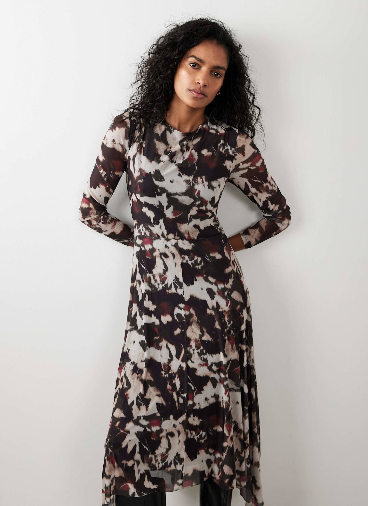Burgundy Abstract Print Mesh Midi Dress