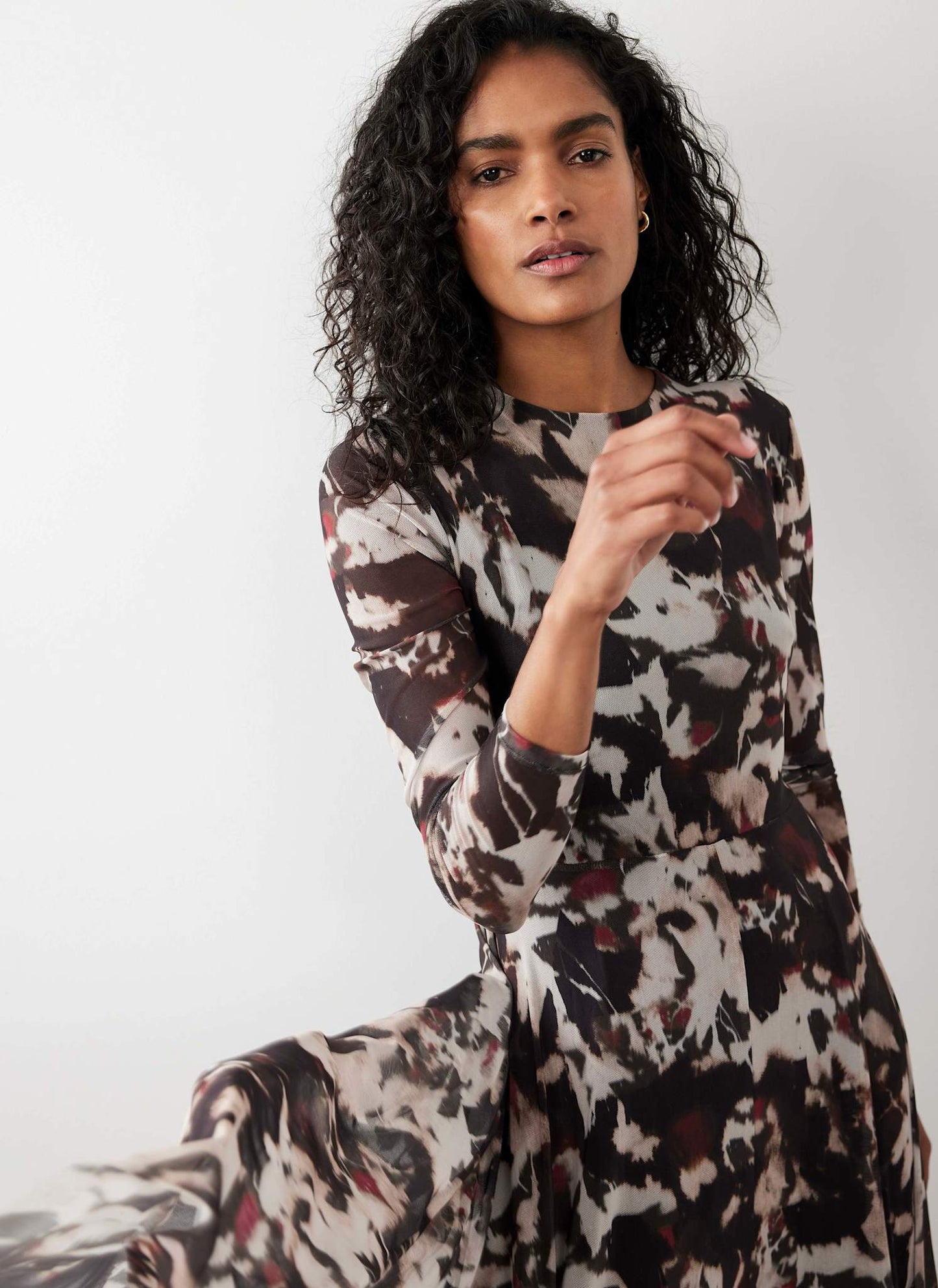 Burgundy Abstract Print Mesh Midi Dress