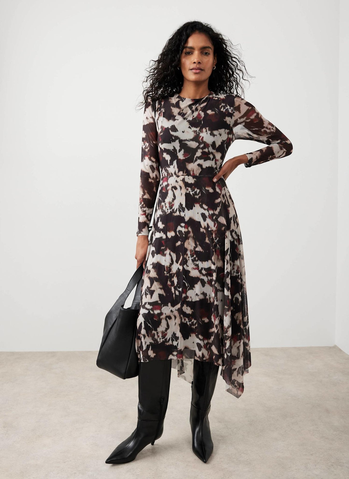 Burgundy Abstract Print Mesh Midi Dress