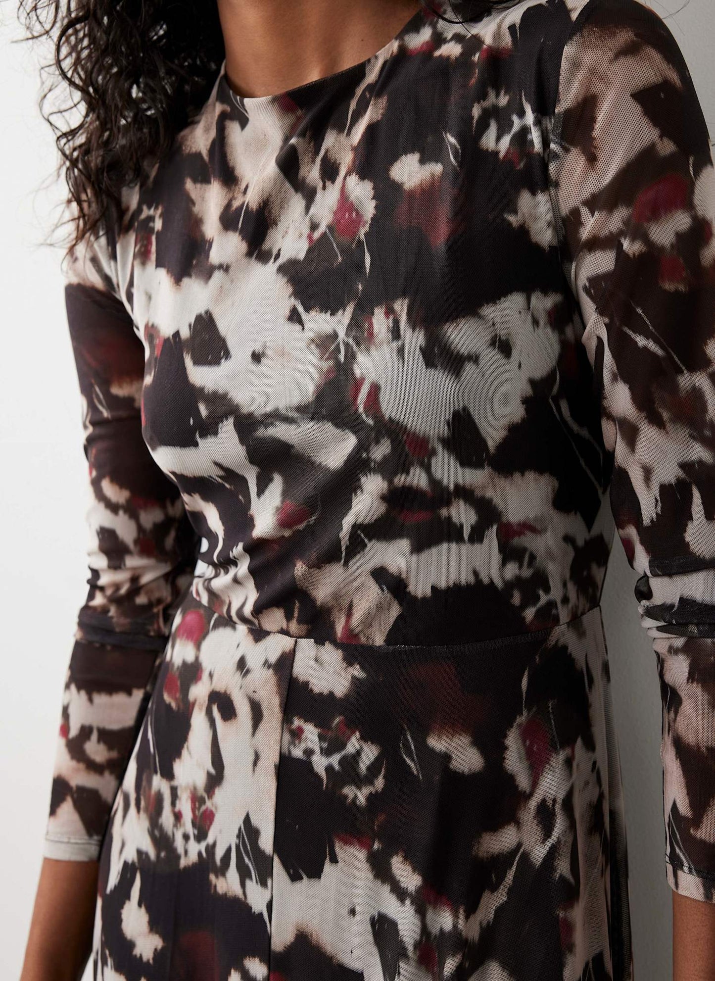 Burgundy Abstract Print Mesh Midi Dress