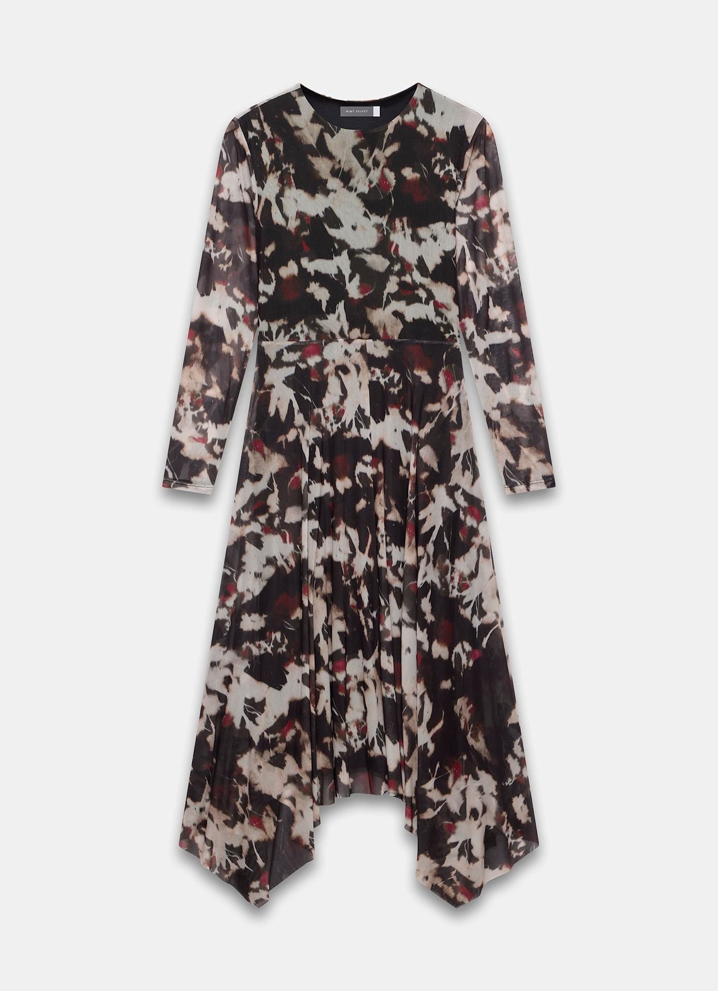 Burgundy Abstract Print Mesh Midi Dress