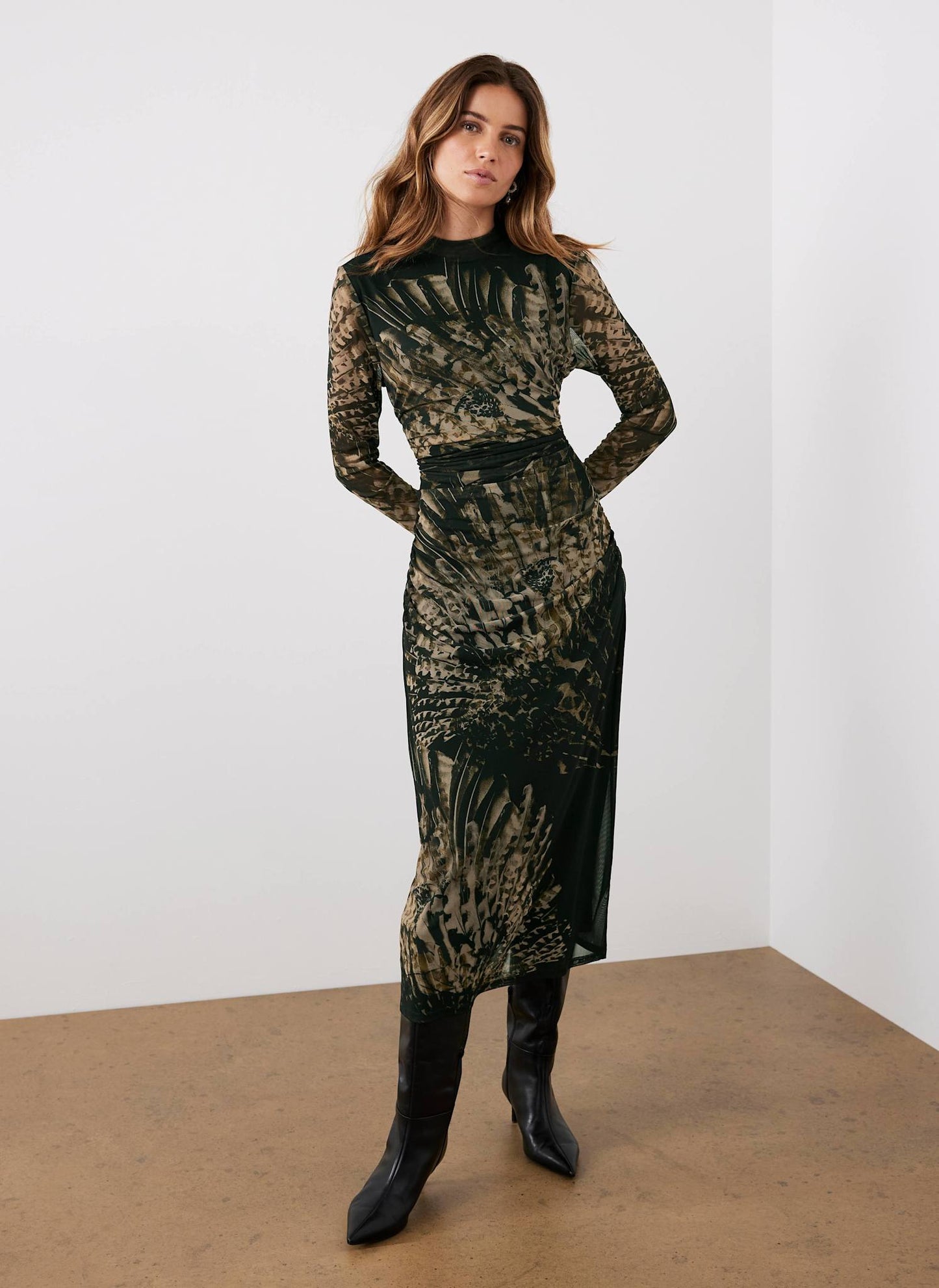 Black Feather Print Mesh Midi Dress