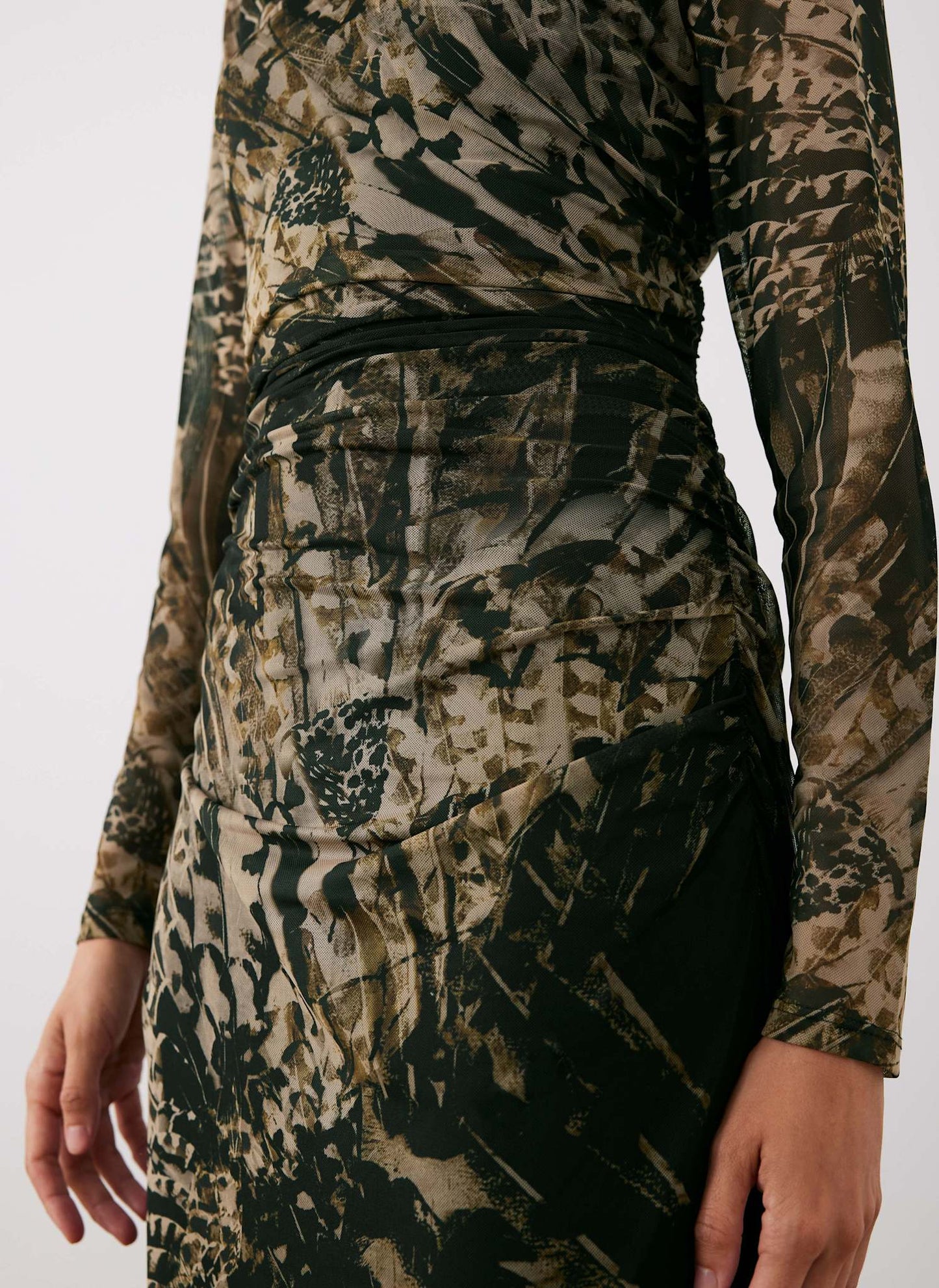 Black Feather Print Mesh Midi Dress