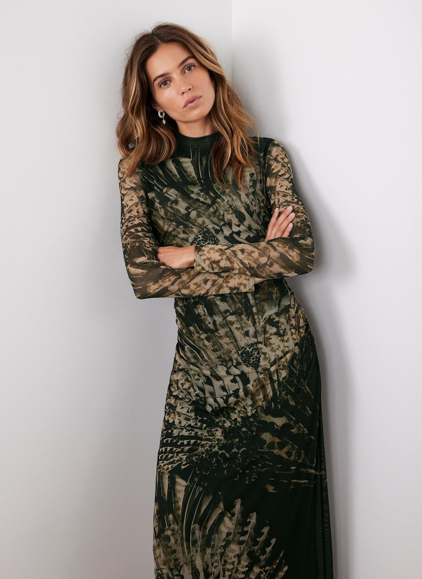 Black Feather Print Mesh Midi Dress