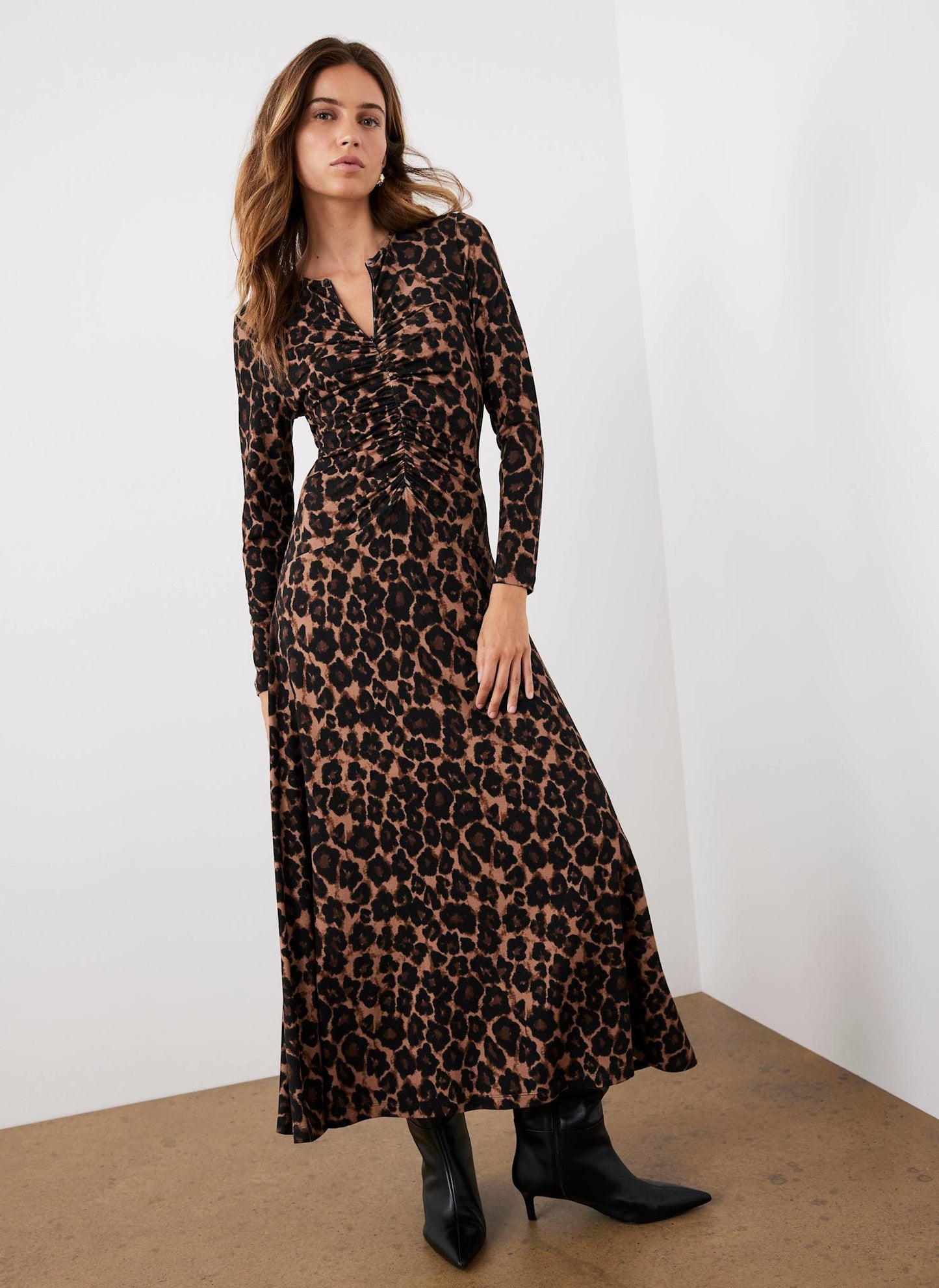 Leopard Print Ruched Midi Dress