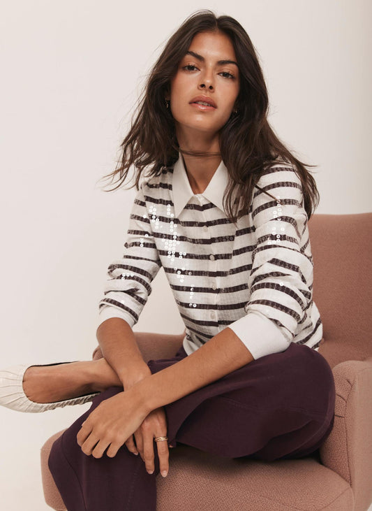 Burgundy Stripe Sequin Collar Cardigan