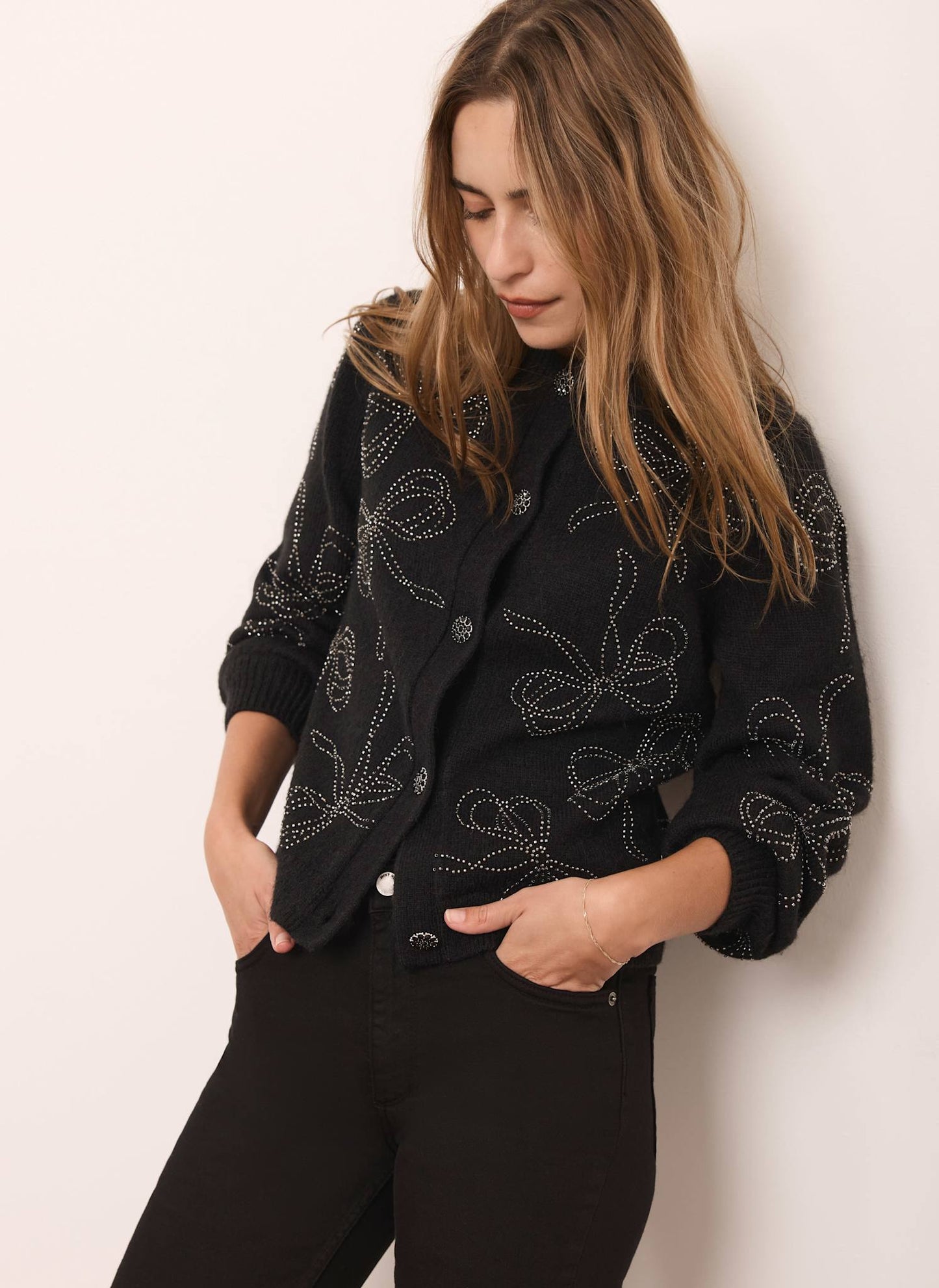 Black Bow Detail Embellished Cardigan