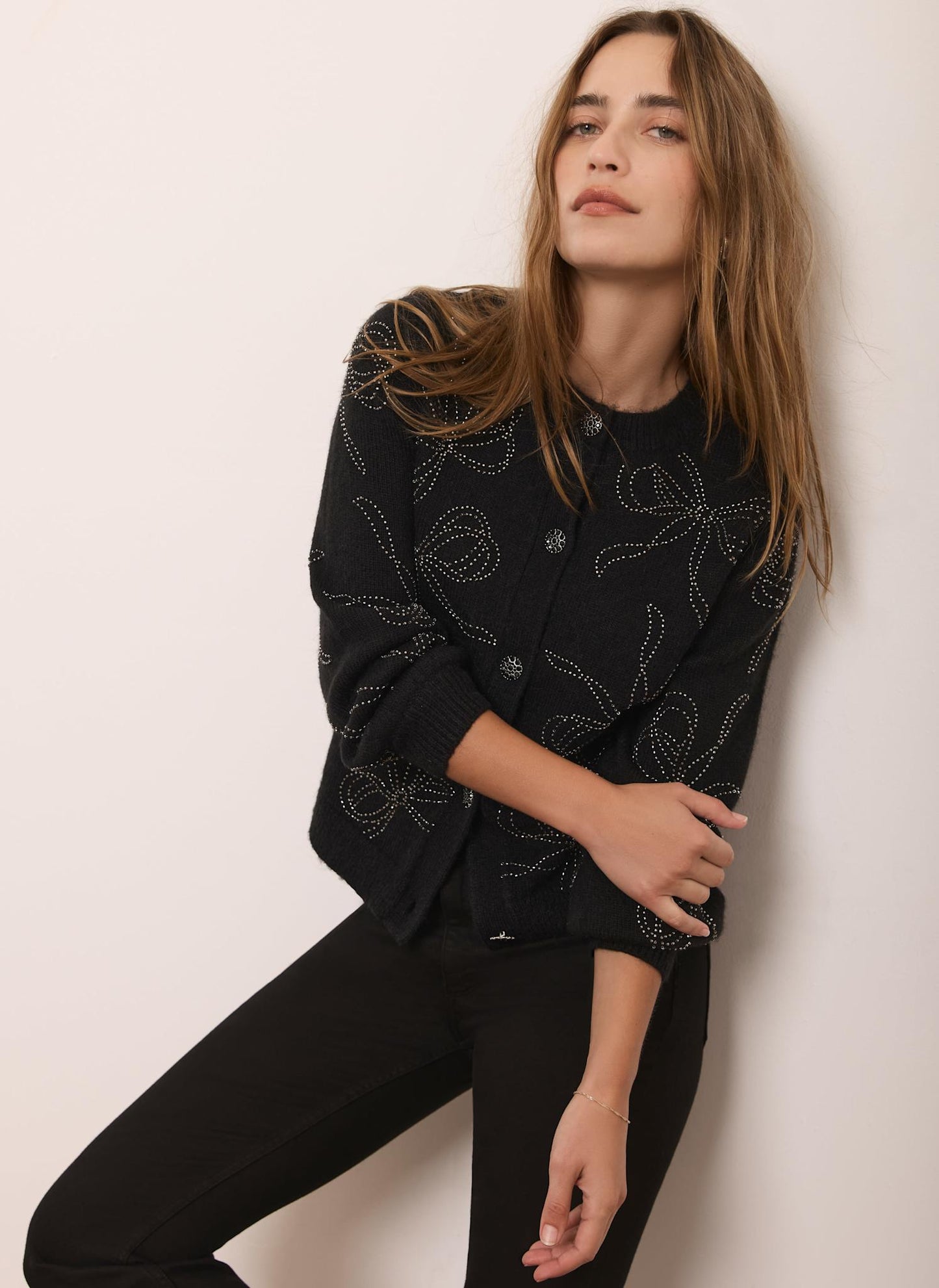 Black Bow Detail Embellished Cardigan