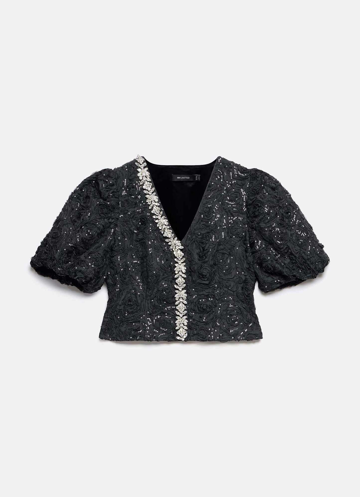 Black Embellished Puff Sleeve Sequin Top