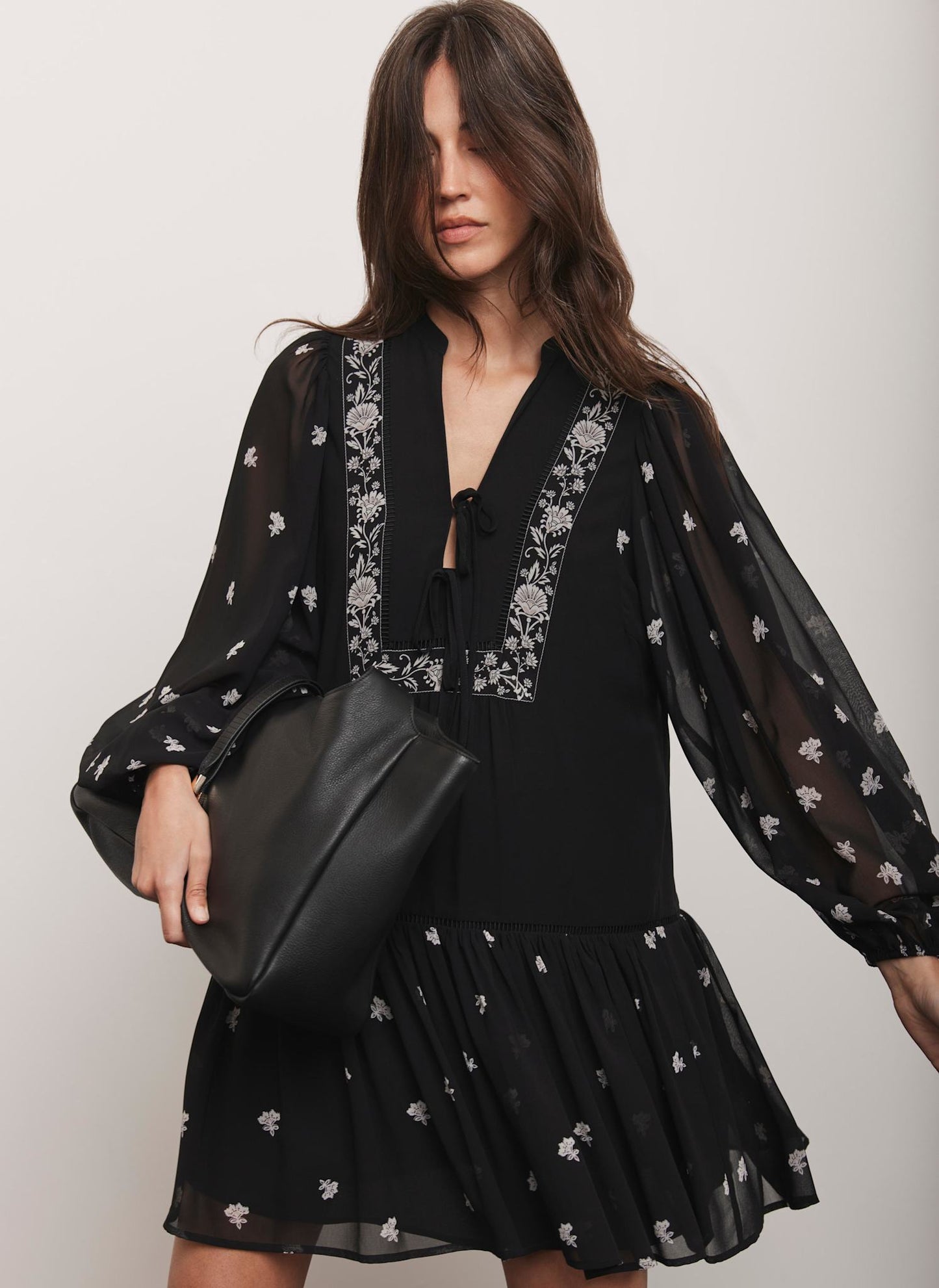 Black Floral Print Boho Mini Dress