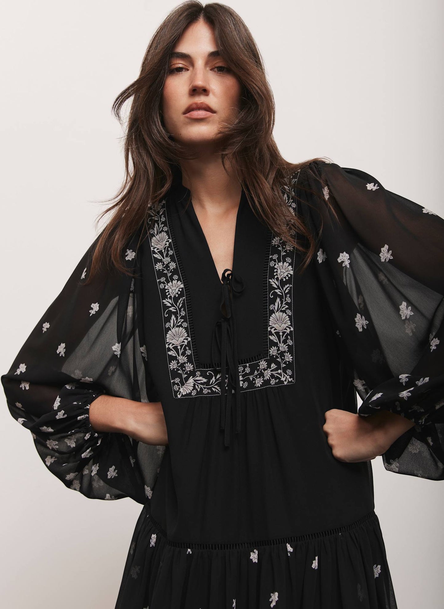 Black Floral Print Boho Mini Dress