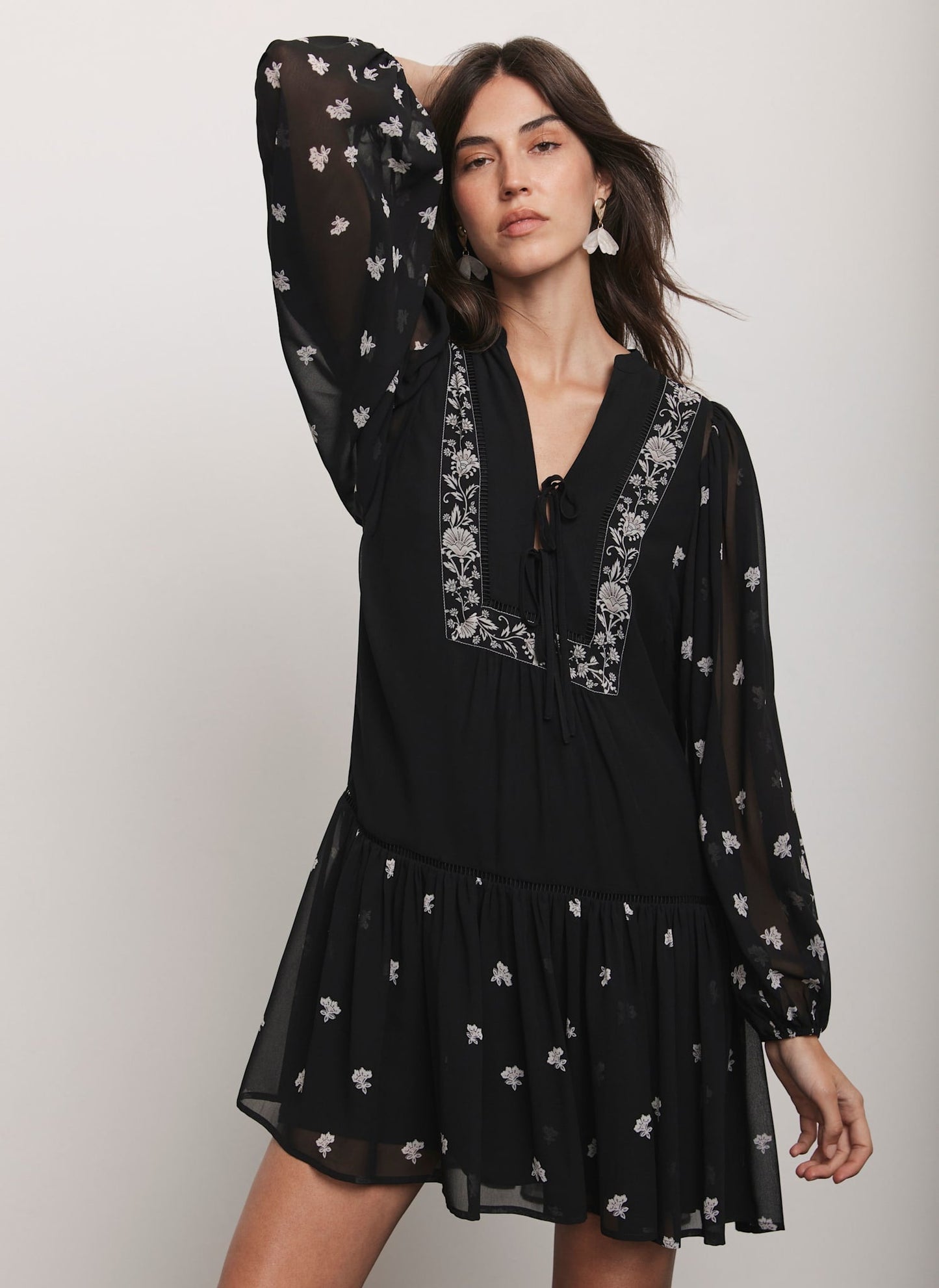 Black Floral Print Boho Mini Dress