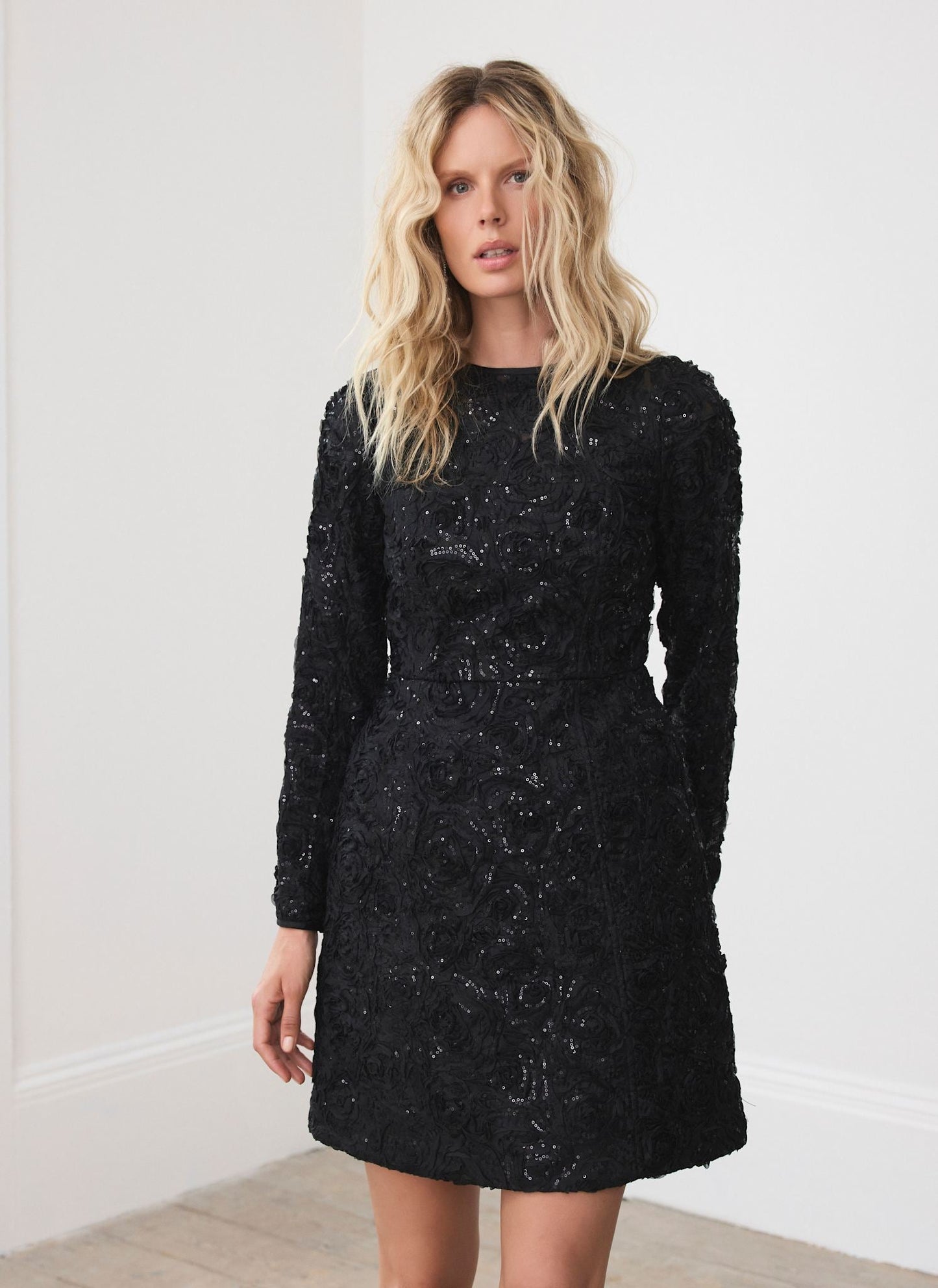 Black Sequin Applique Mini Dress