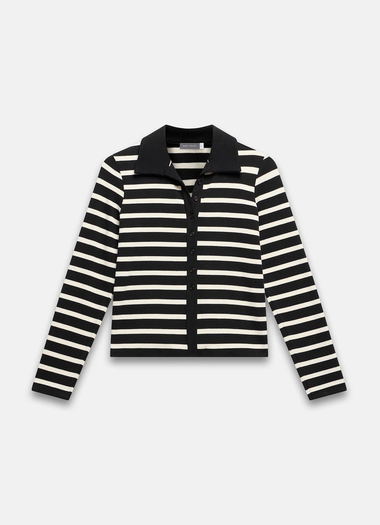 Black Cotton Striped Polo Collar Top