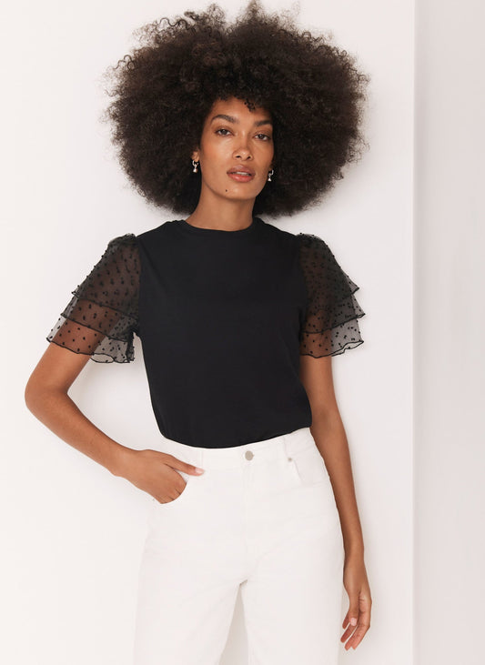 Black Cotton Tulle Sleeve T-Shirt