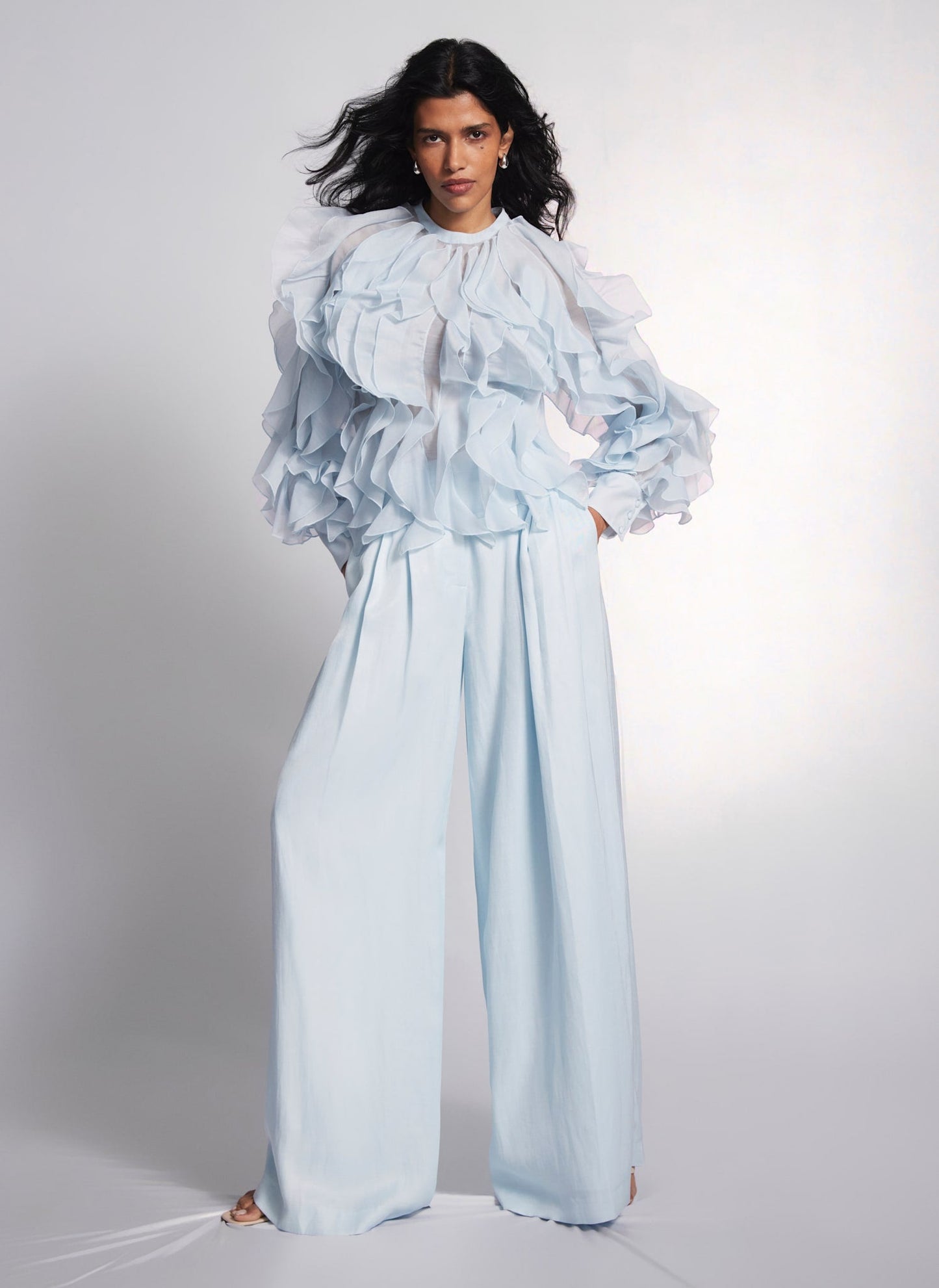 Blue Organza Ruffle Blouse