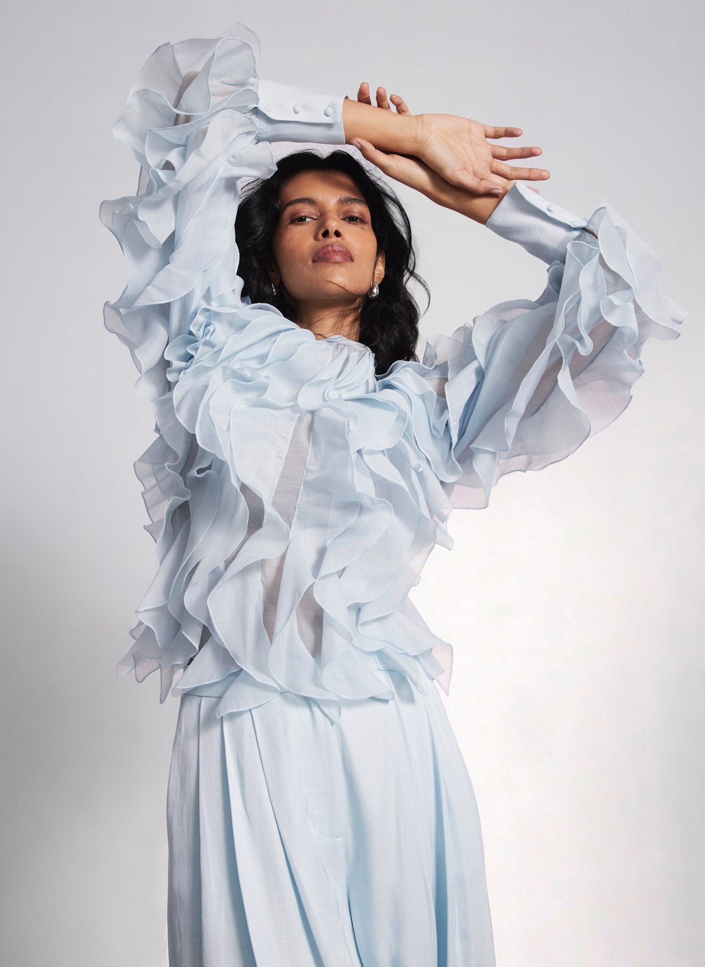 Blue Organza Ruffle Blouse