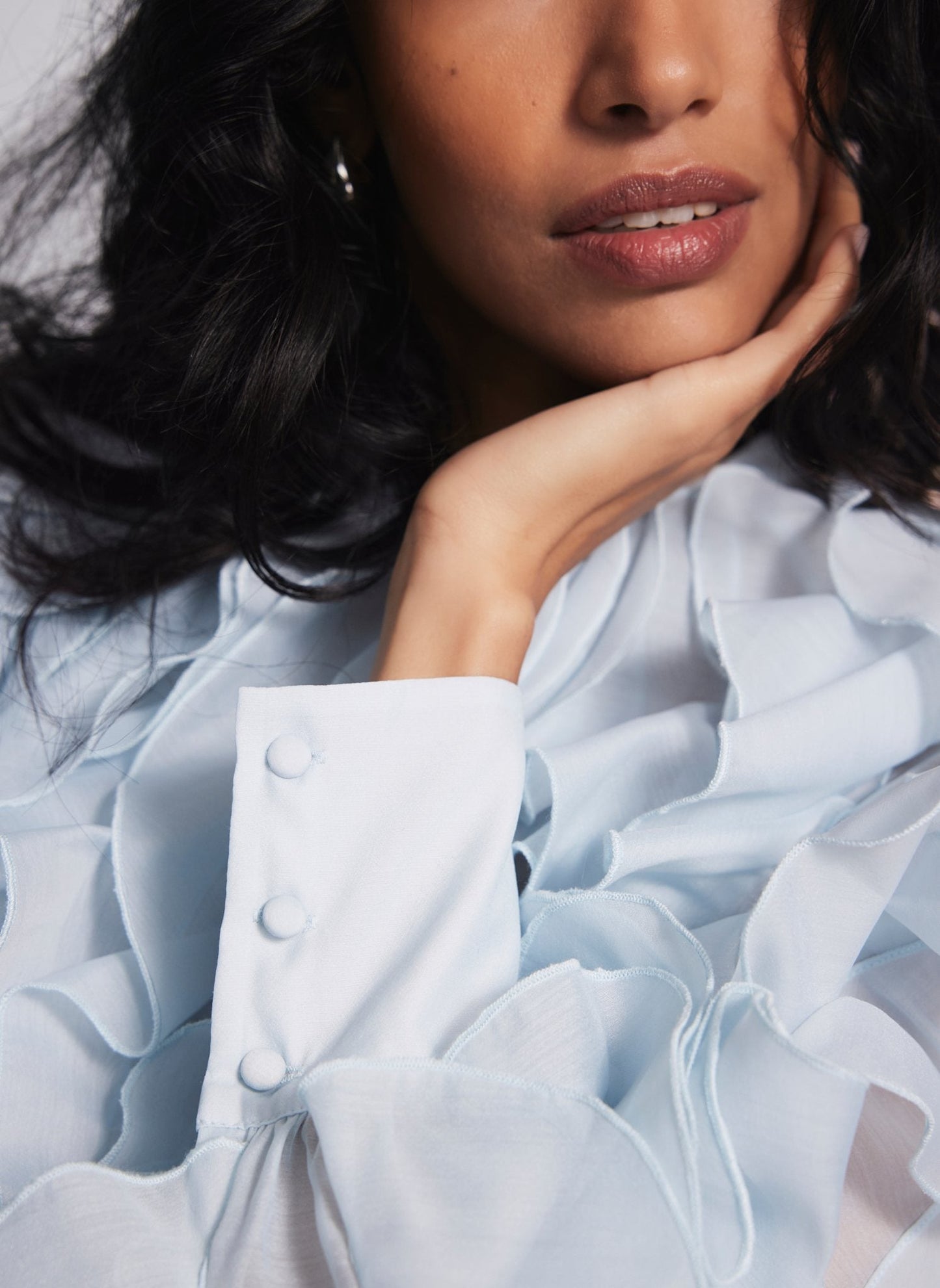 Blue Organza Ruffle Blouse