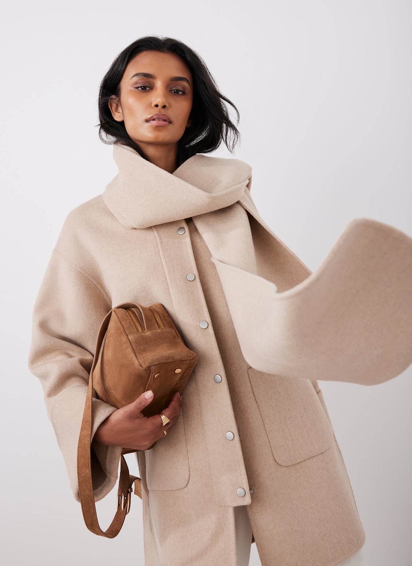 Neutral Wool Blend Hand Finished Collarless Coat