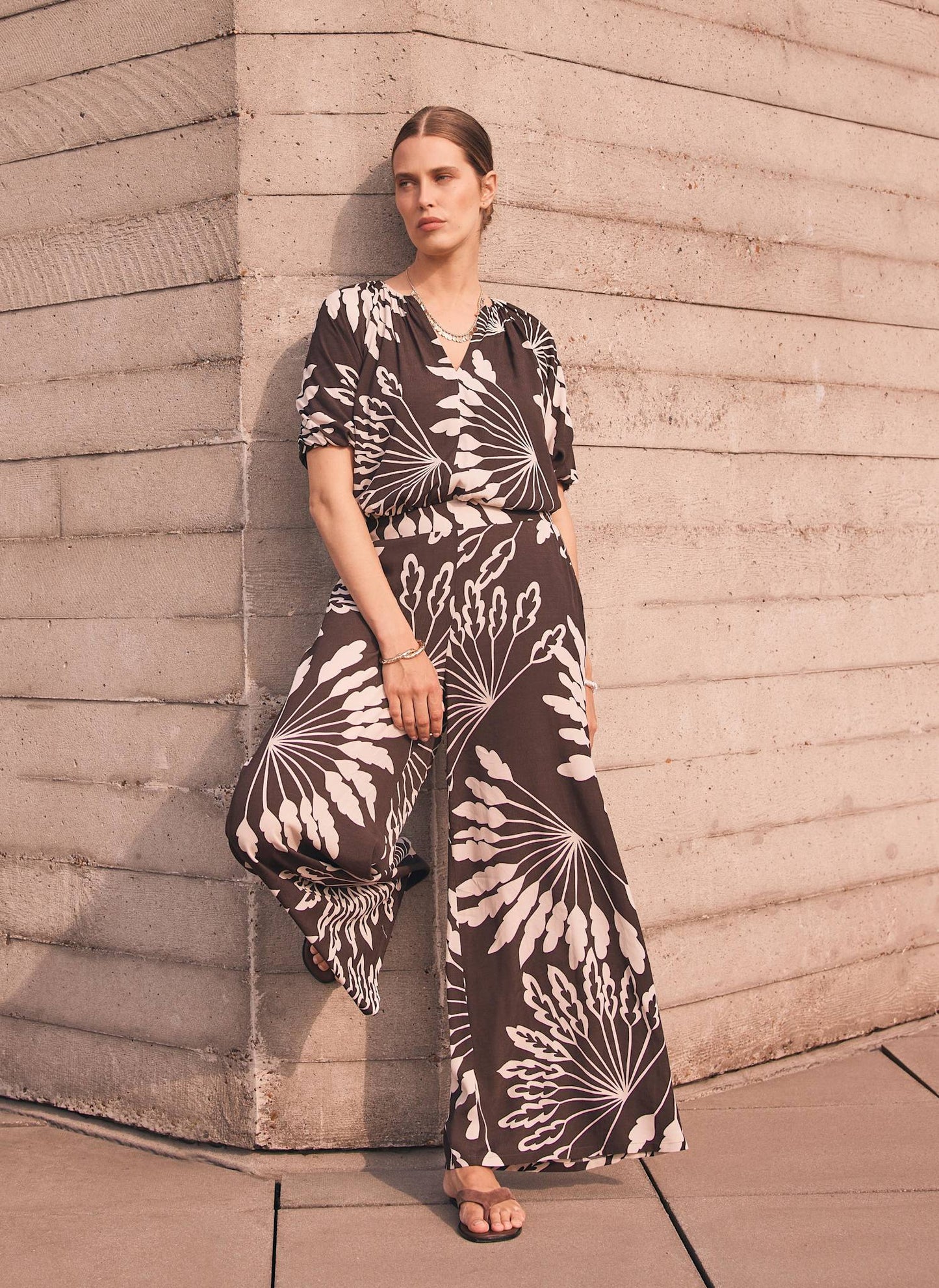 Brown Palm Print Wide Trousers