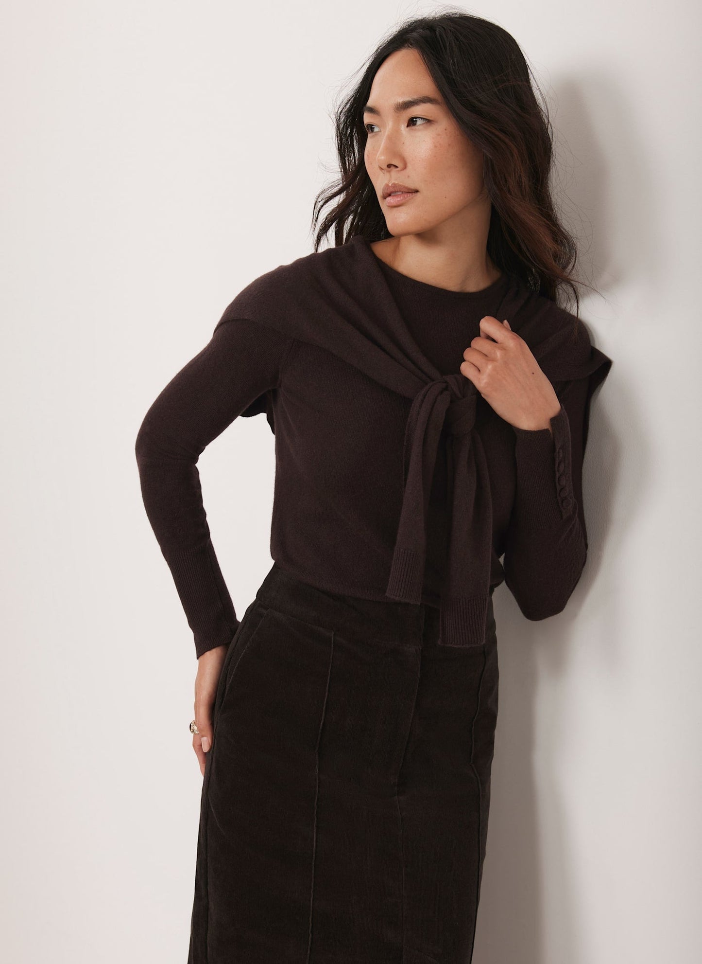 Brown Cotton Blend Scarf Detail Knit Jumper