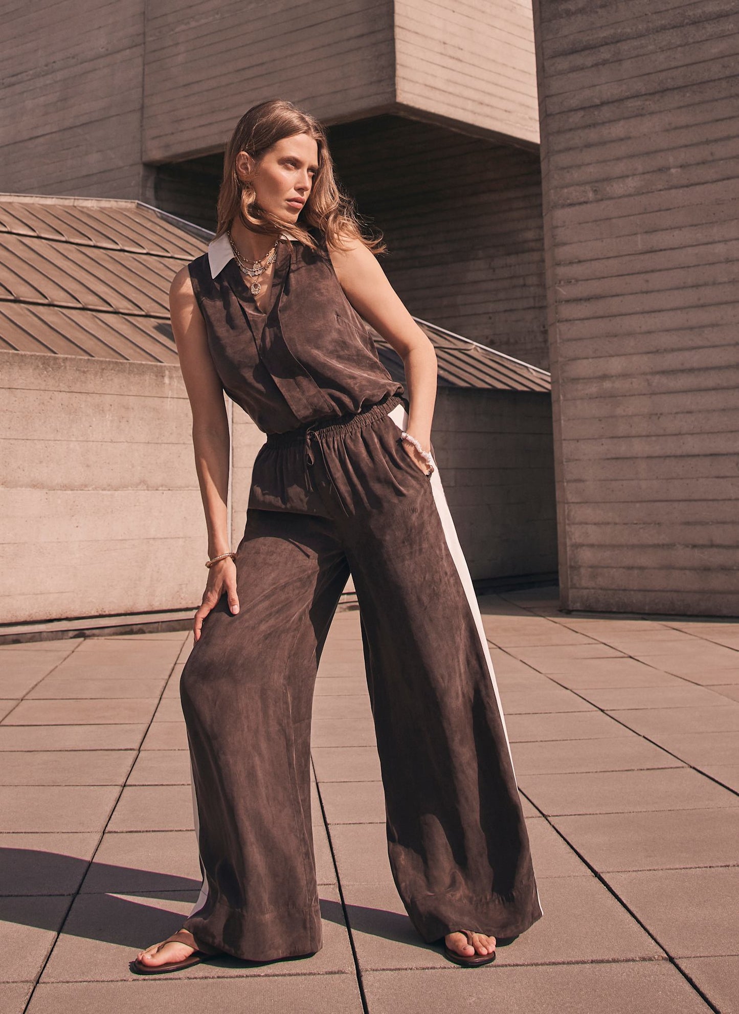 Brown Side Stripe Wide Trousers