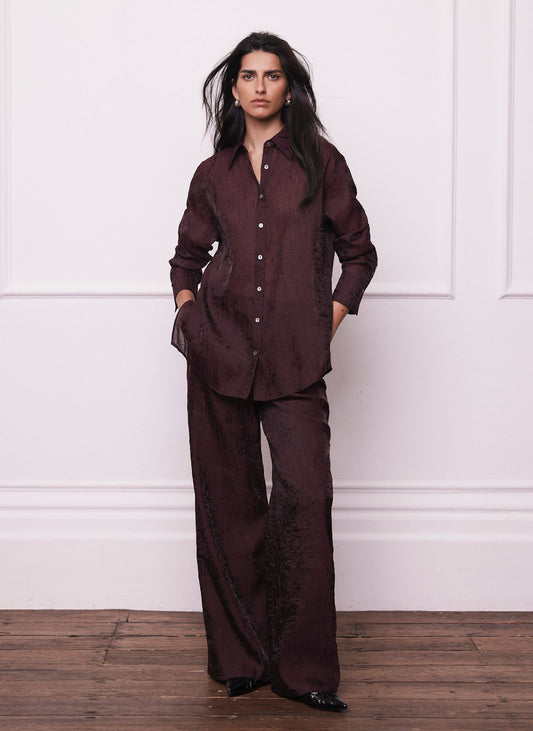 Burgundy Crinkle Textured Wide Trousers