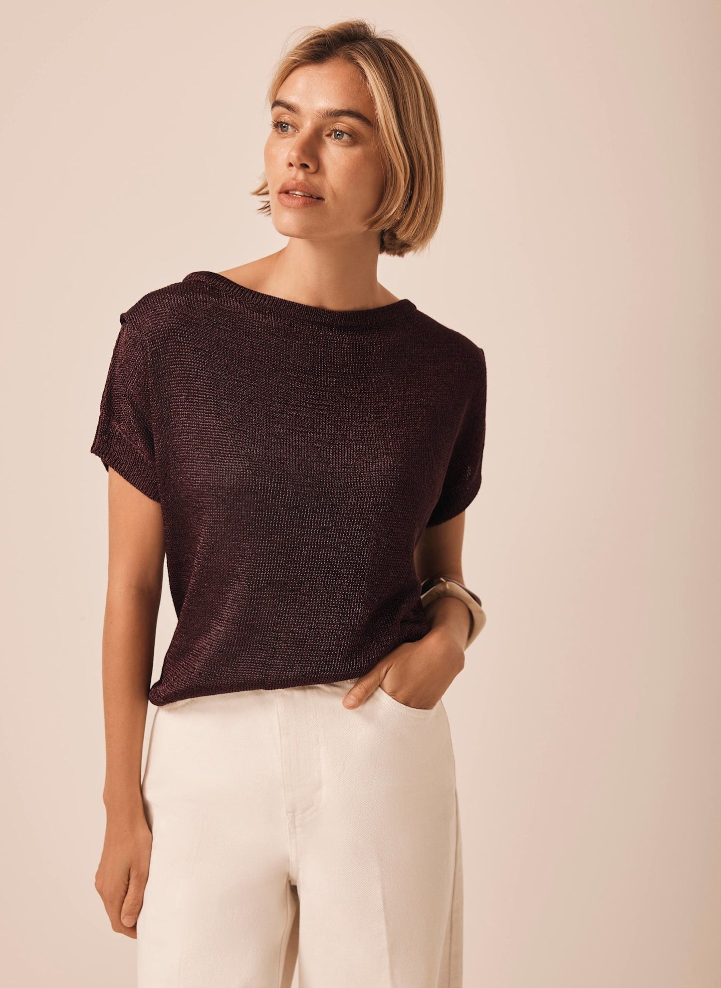 Burgundy Metallic Knit Batwing Top