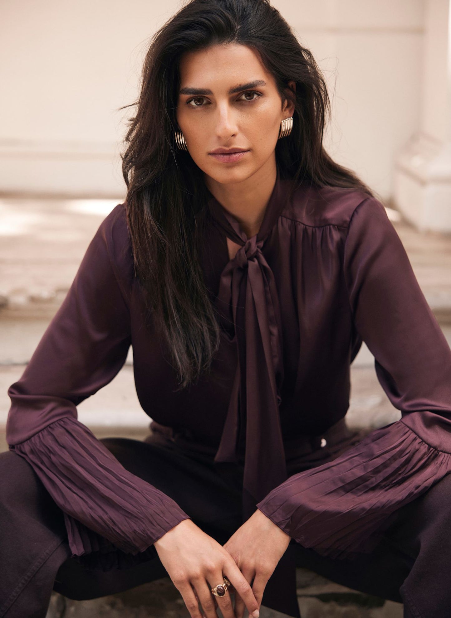 Burgundy Satin Tie Neck Blouse