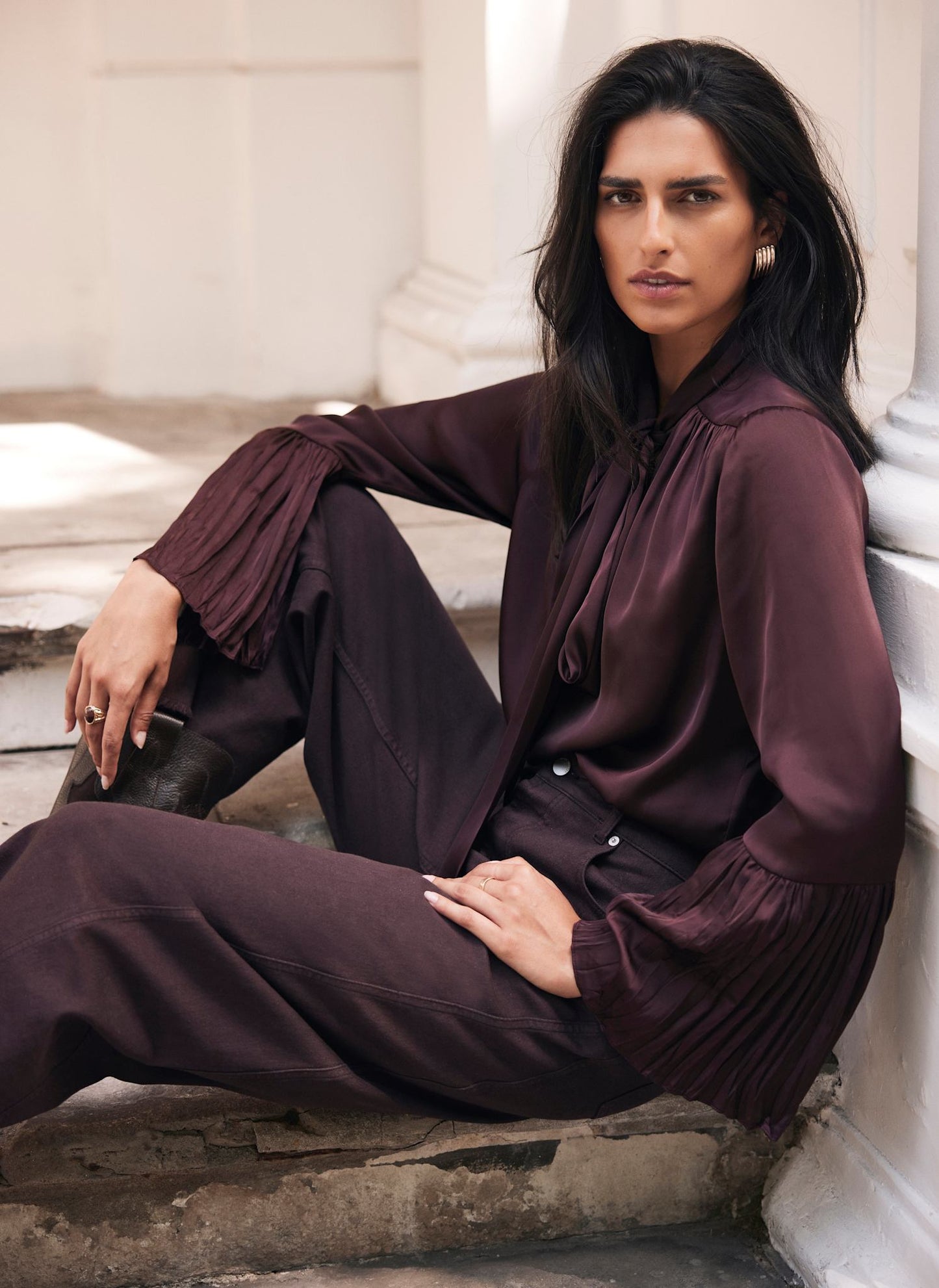Burgundy Satin Tie Neck Blouse