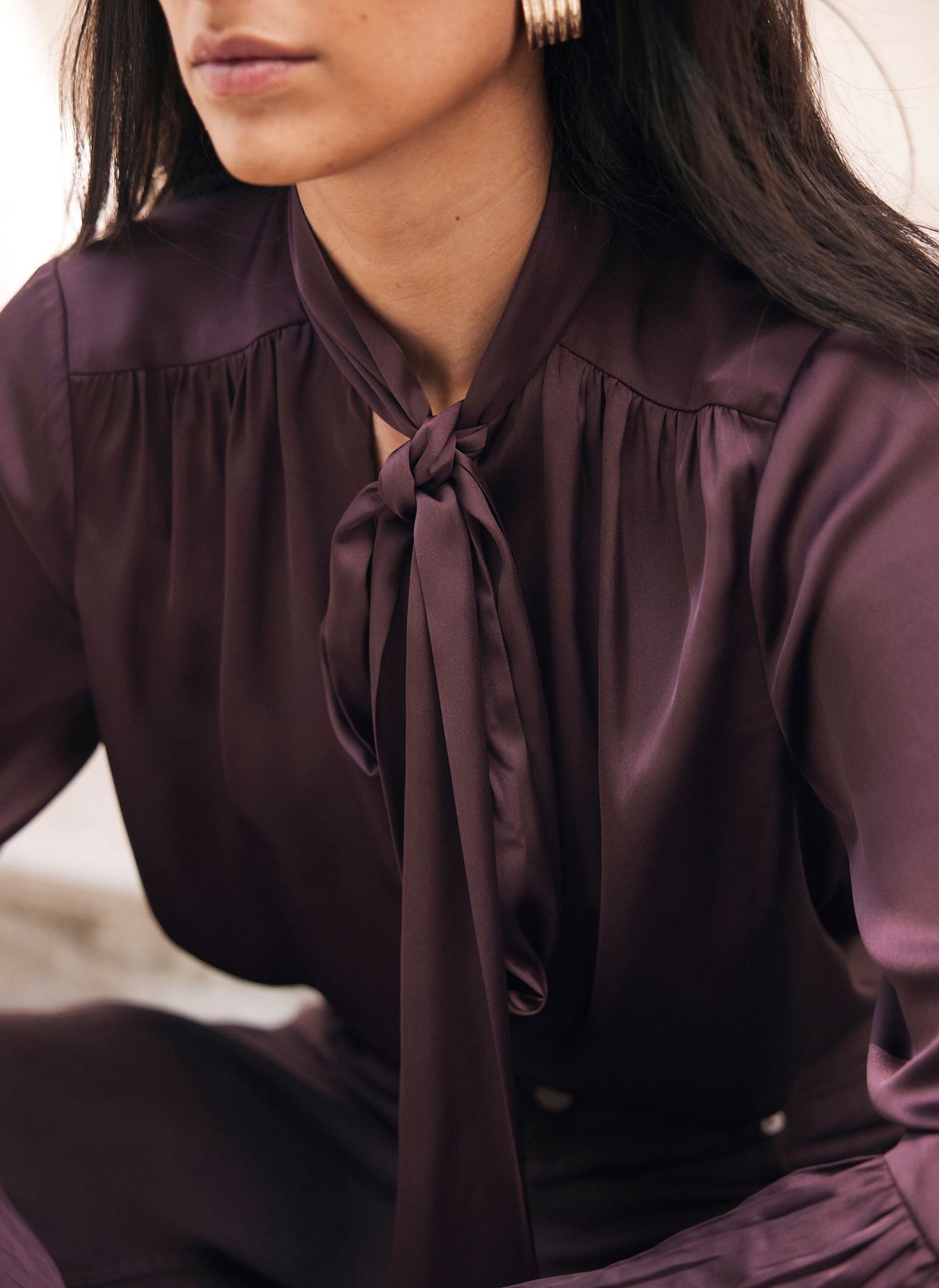 Burgundy Satin Tie Neck Blouse