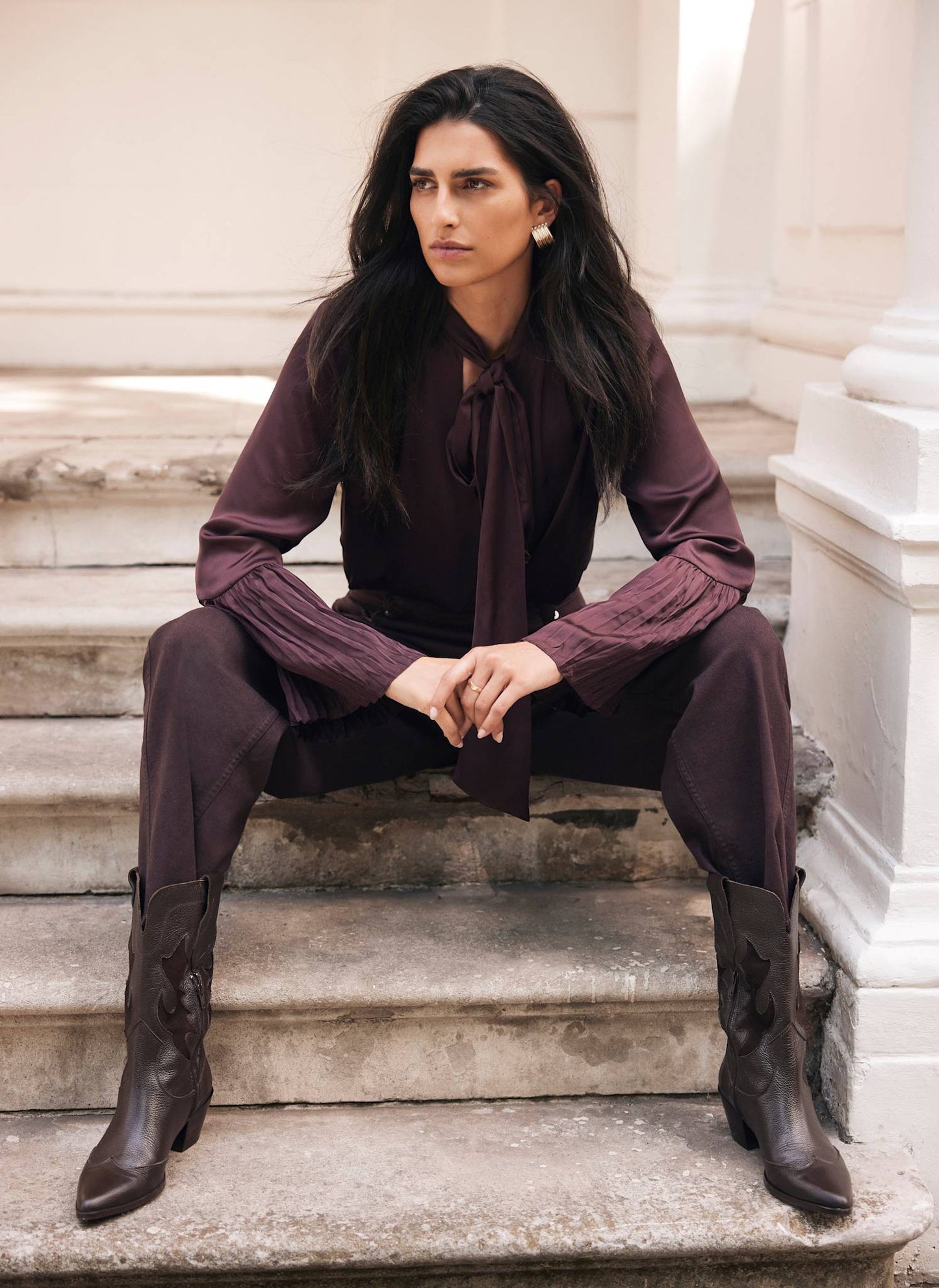 Burgundy Satin Tie Neck Blouse