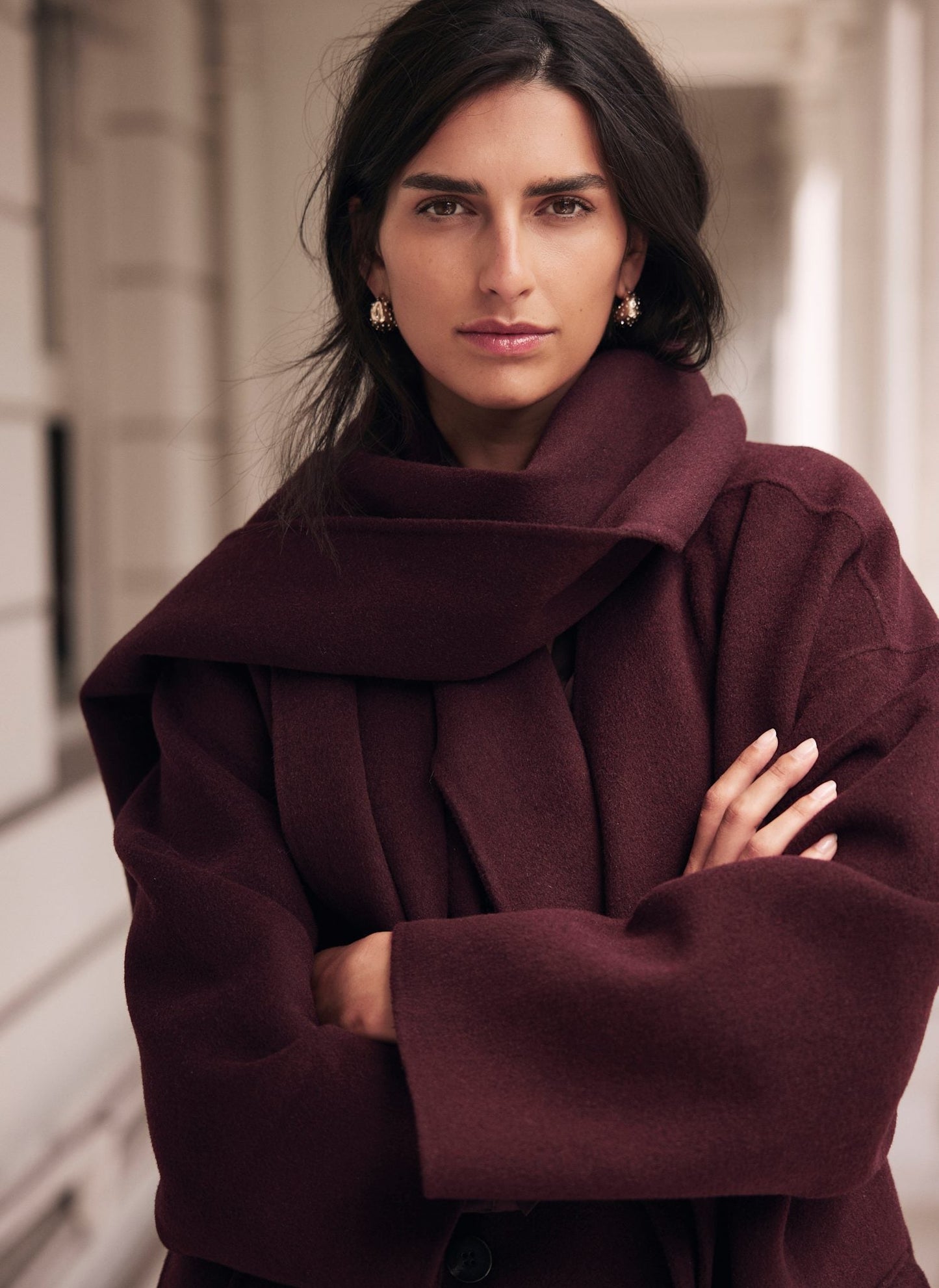 Burgundy Scarf Detail Coat