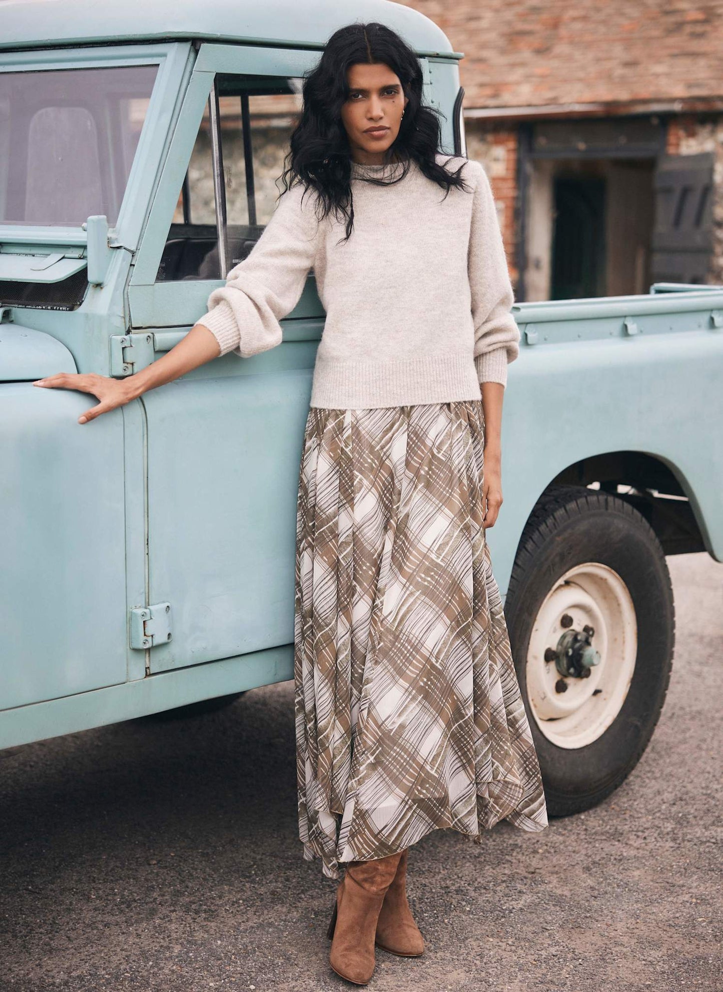 Brown Layered Knit Checked Print Midi Dress