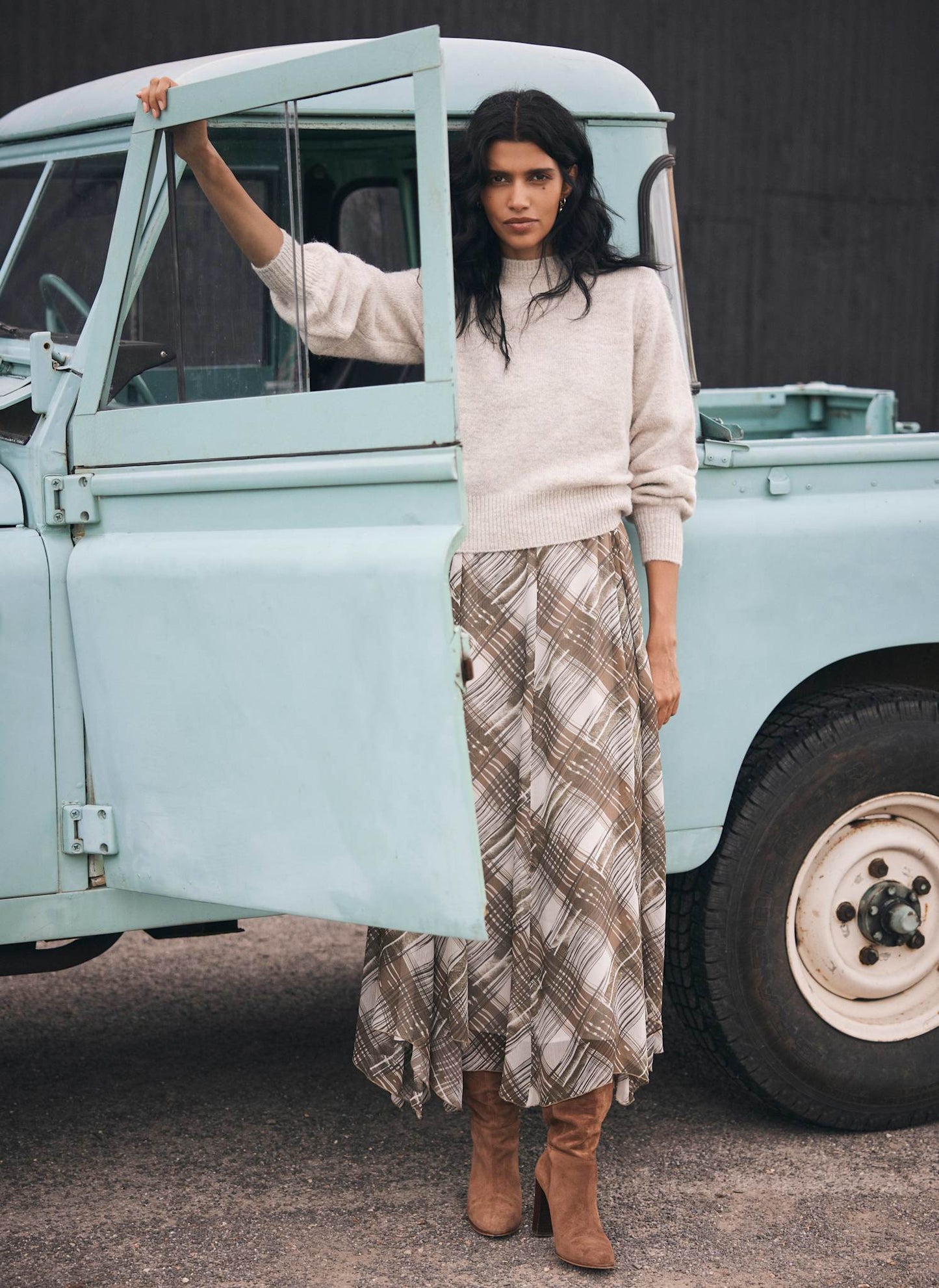 Brown Layered Knit Checked Print Midi Dress