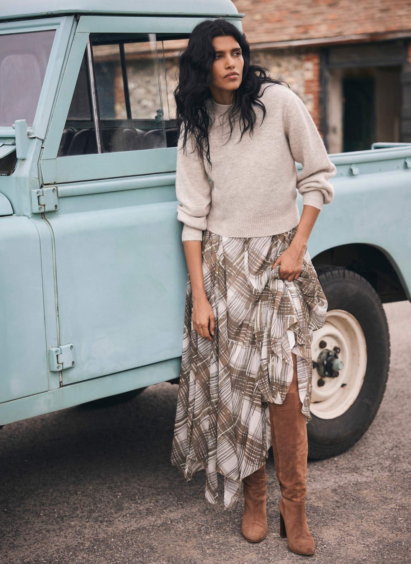 Brown Layered Knit Checked Print Midi Dress