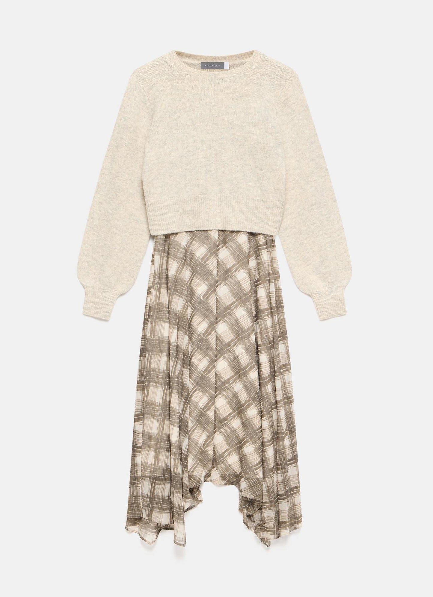 Brown Layered Knit Checked Print Midi Dress