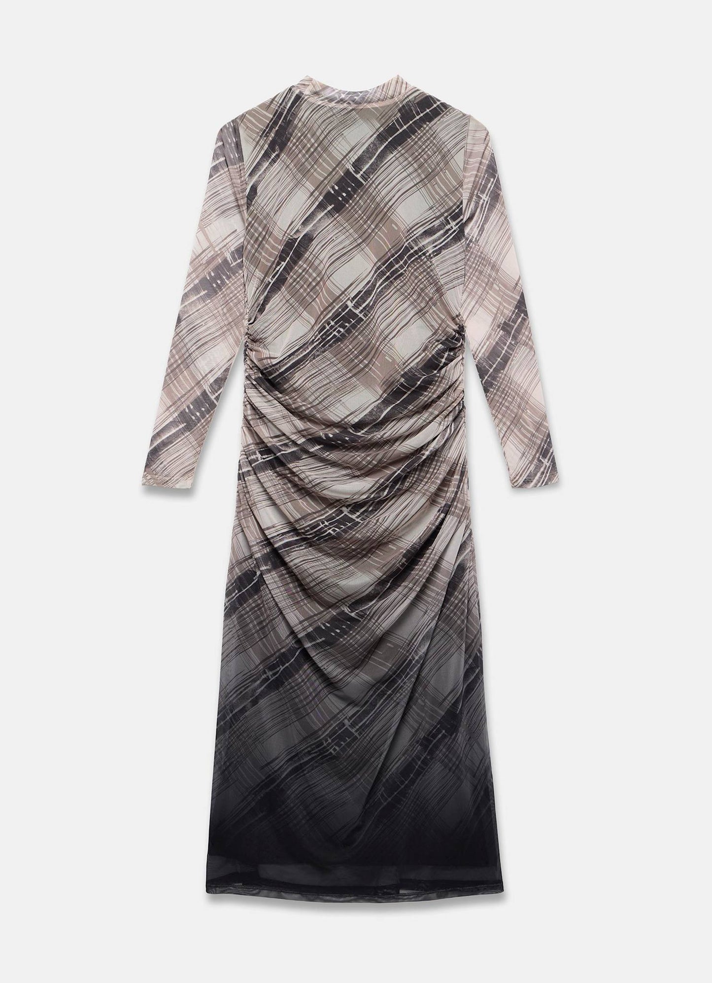 Brown Checked Print Ombre Mesh Midi Dress