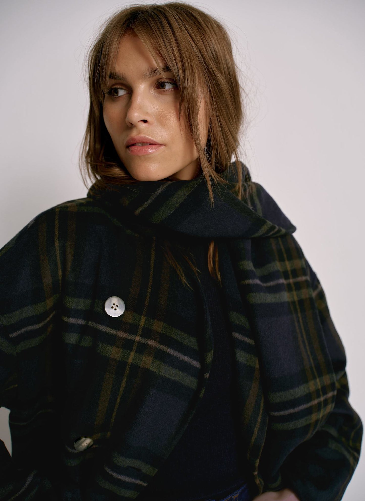 Navy Check Hand Finished Scarf Detail Coat