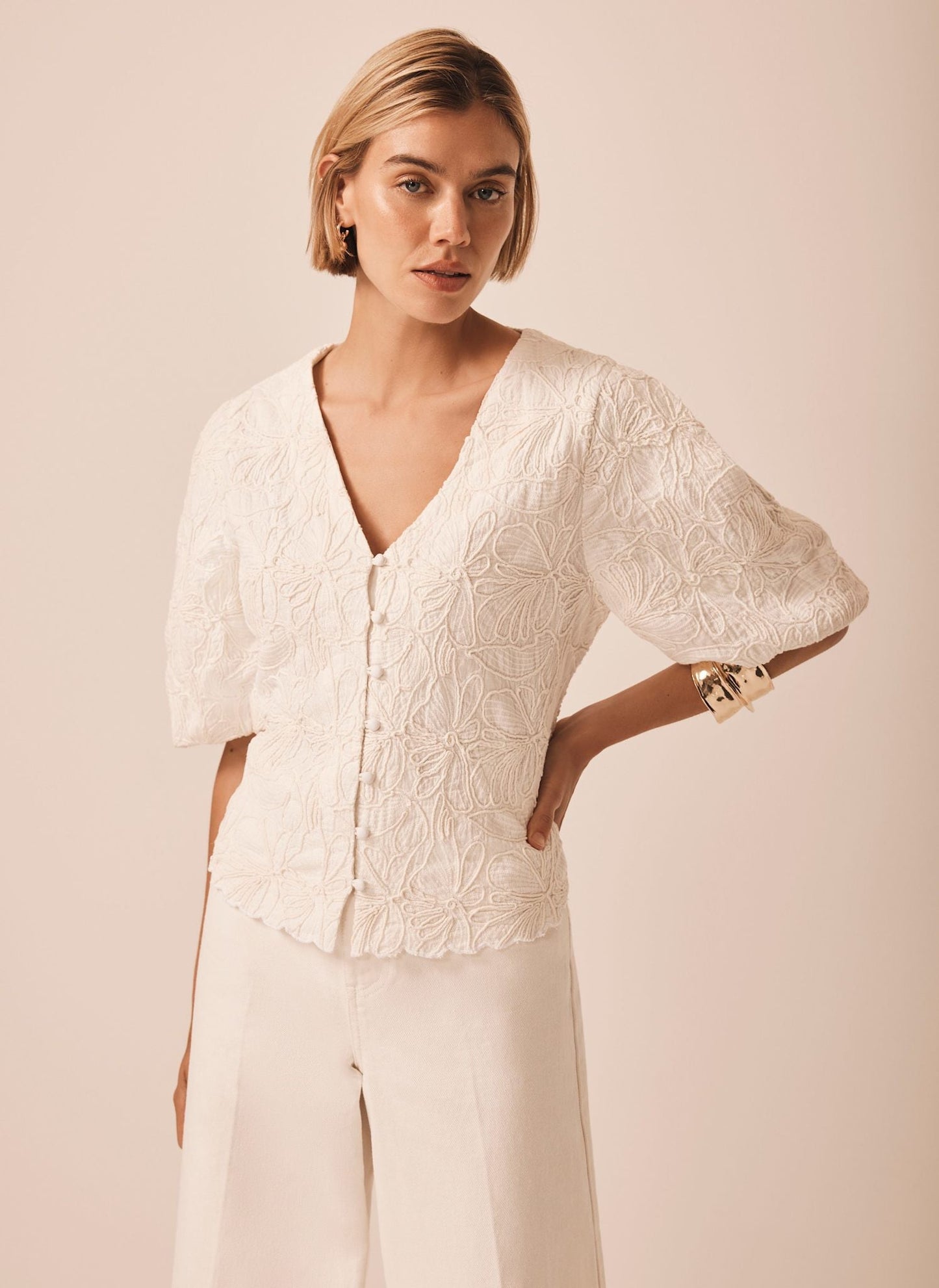 Cream Embroidered Detail Top