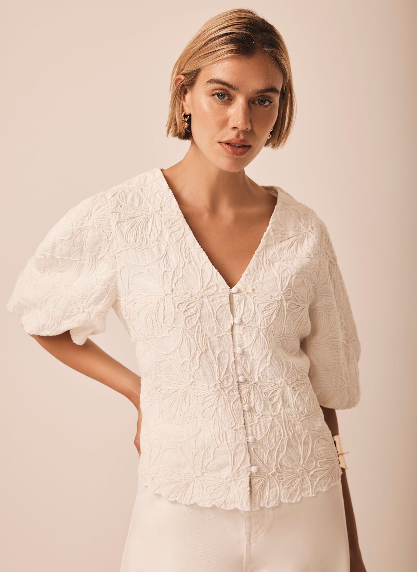 Cream Embroidered Detail Top