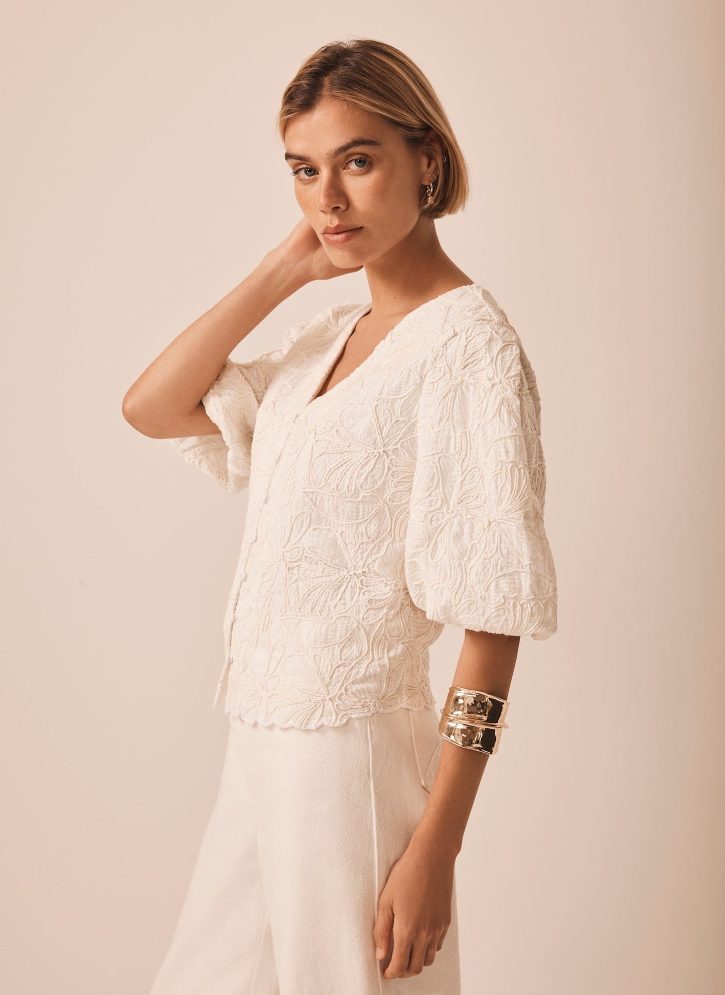 Cream Embroidered Detail Top