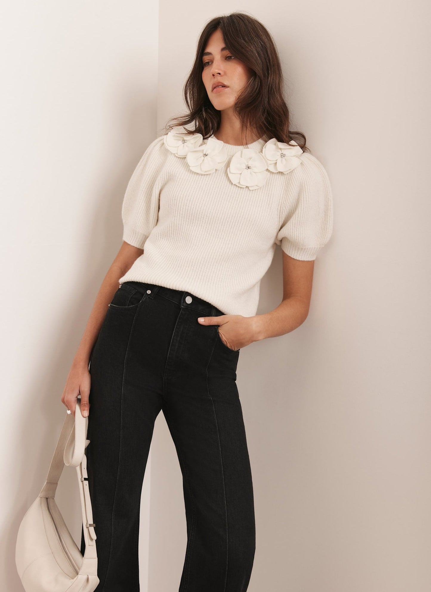 Cream Flower Knit Top
