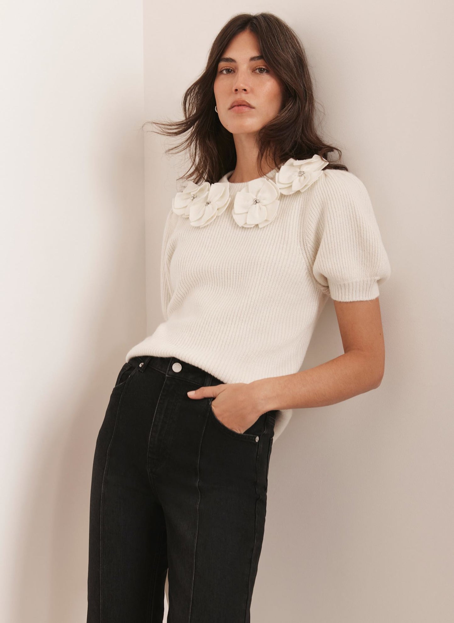 Cream Flower Knit Top