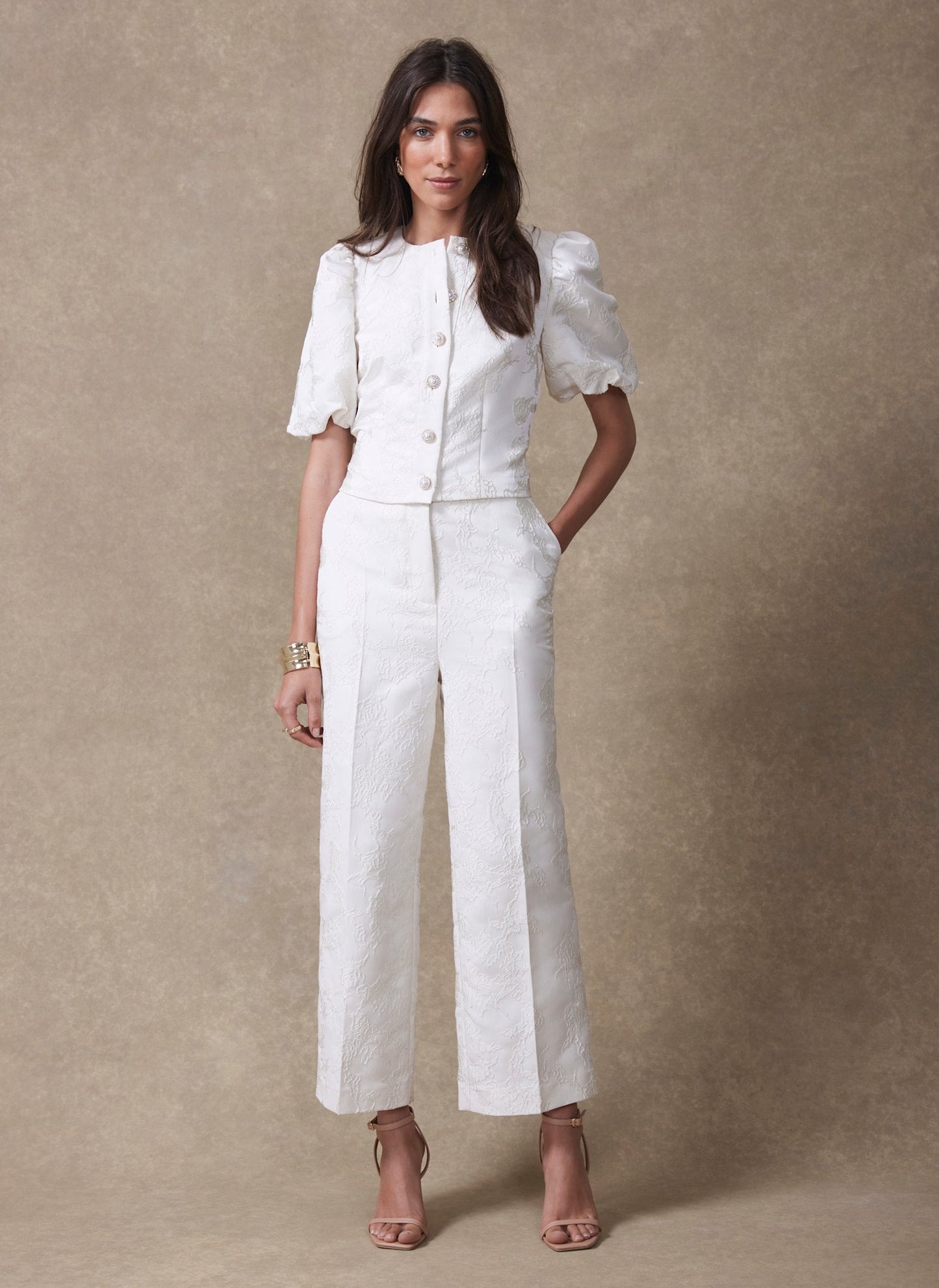 Cream Jacquard Slim Trousers