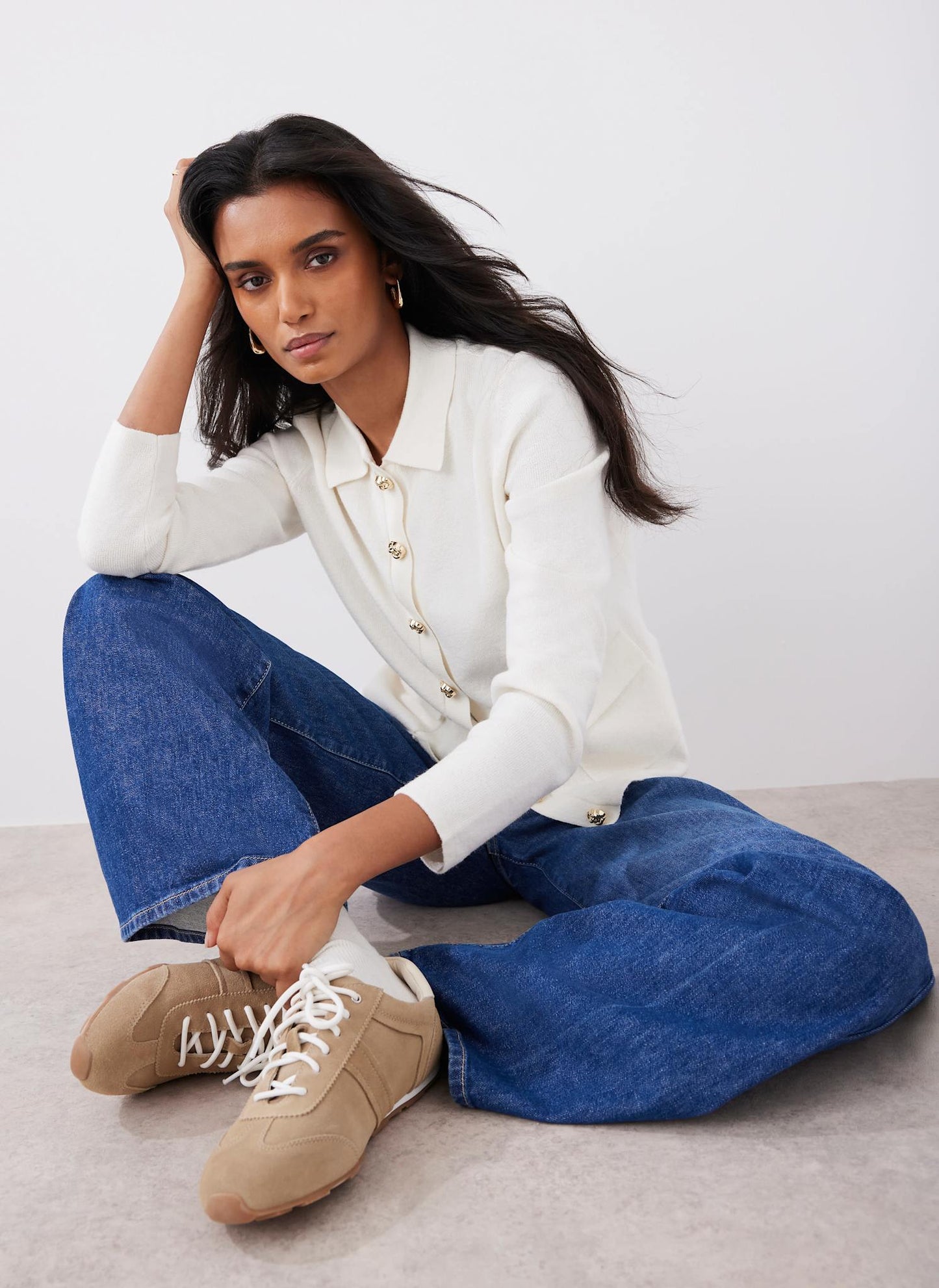 Cream Cotton Blend Collar Cardigan