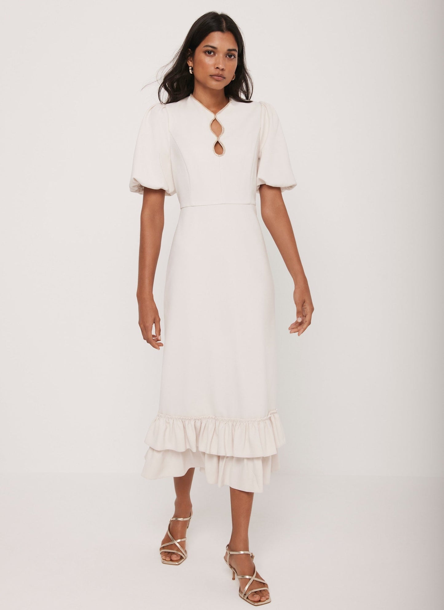 Cream Diamante Trim Midi Dress