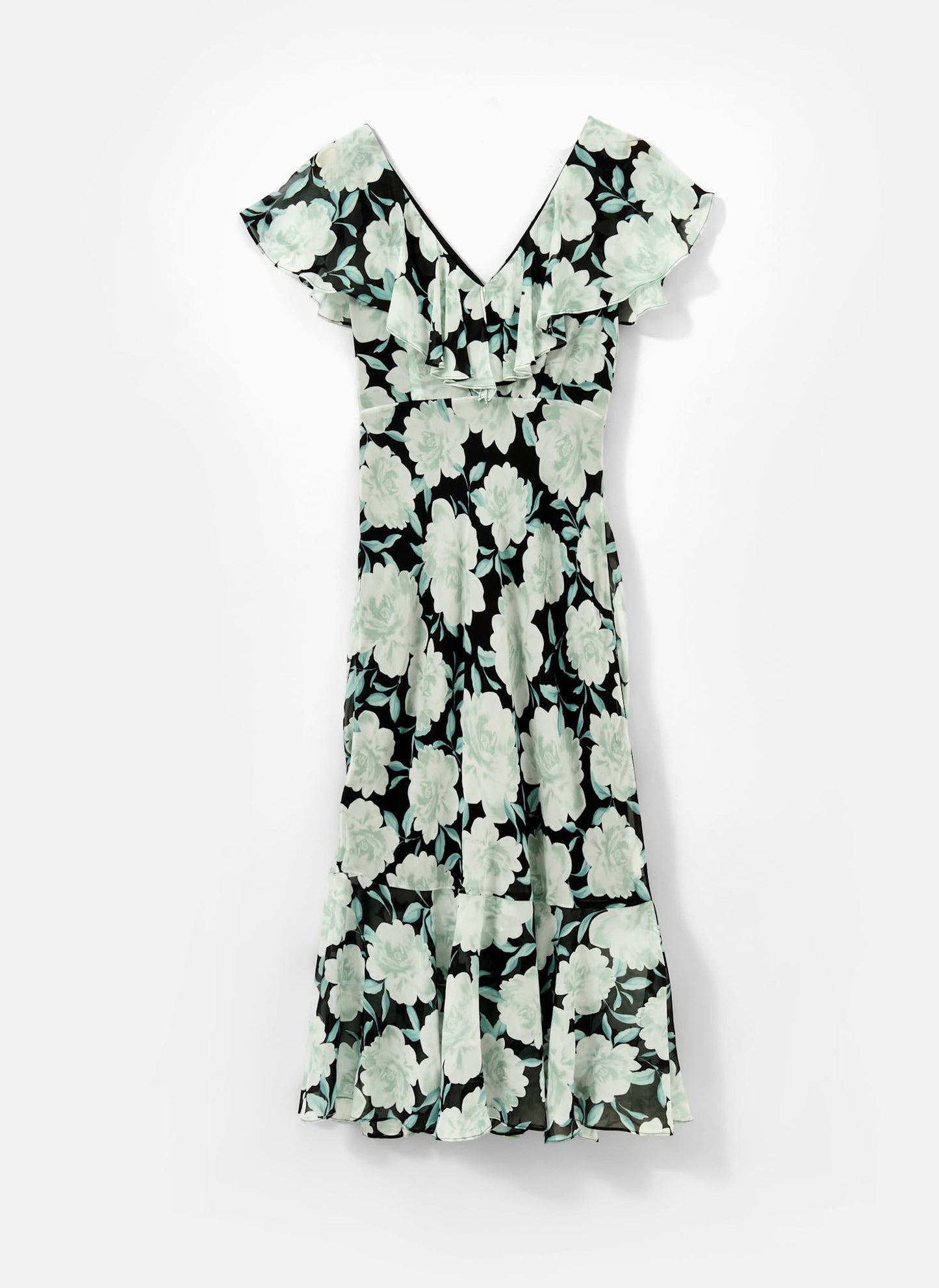 Green Floral Print Ruffle Midi Dress