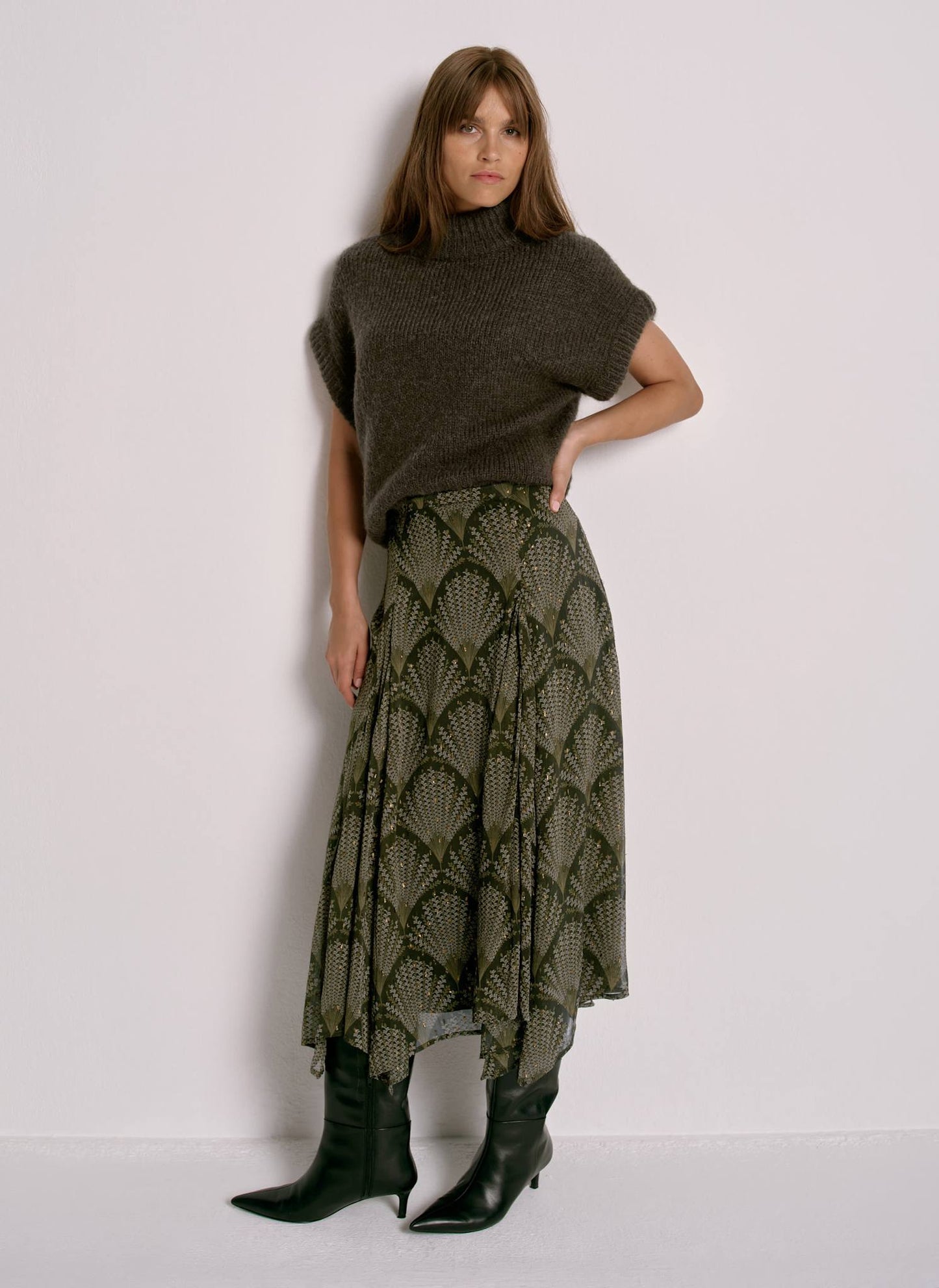 Khaki Floral Print Skirt