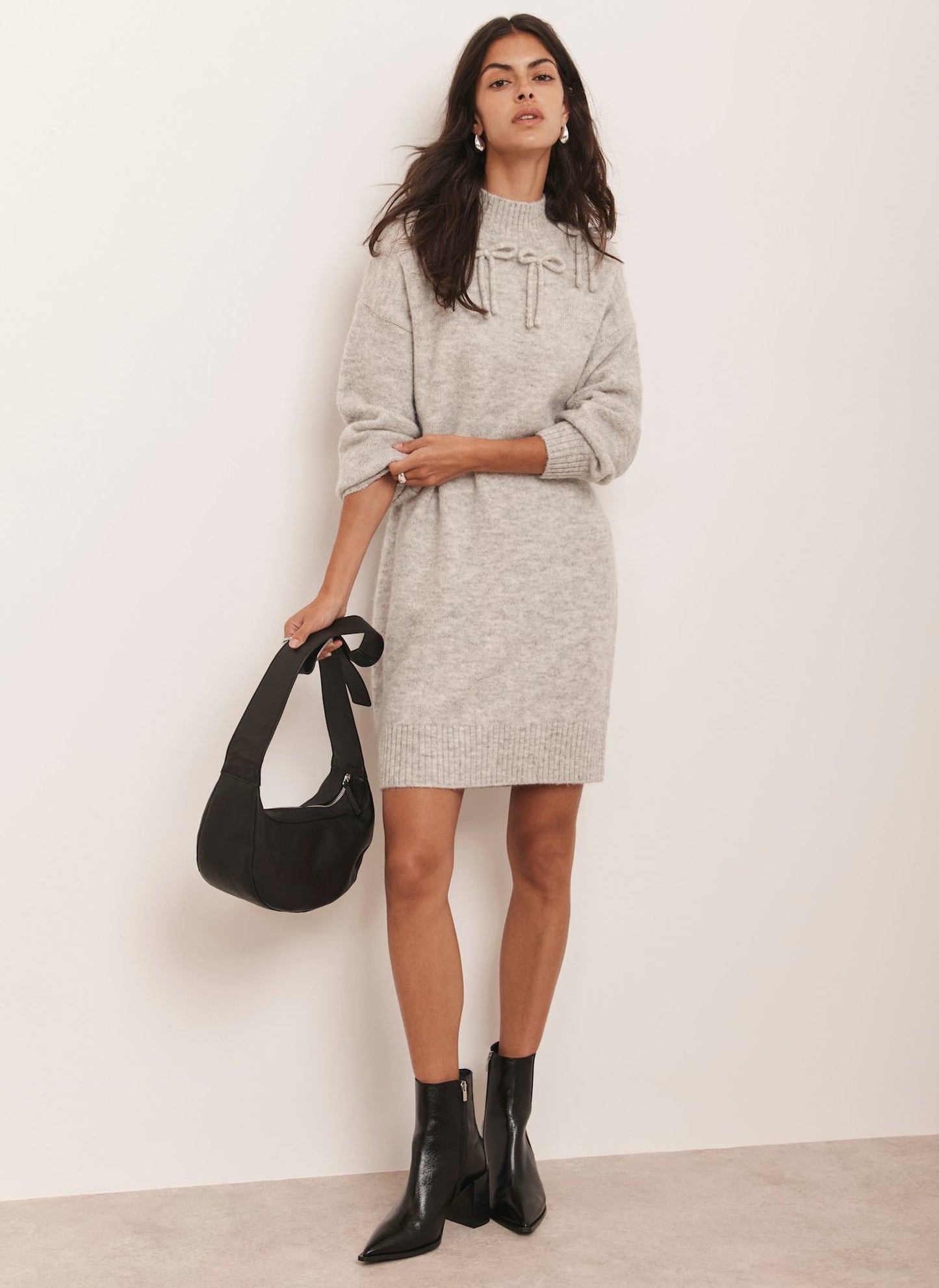 Grey Knit Bow Jumper Dress